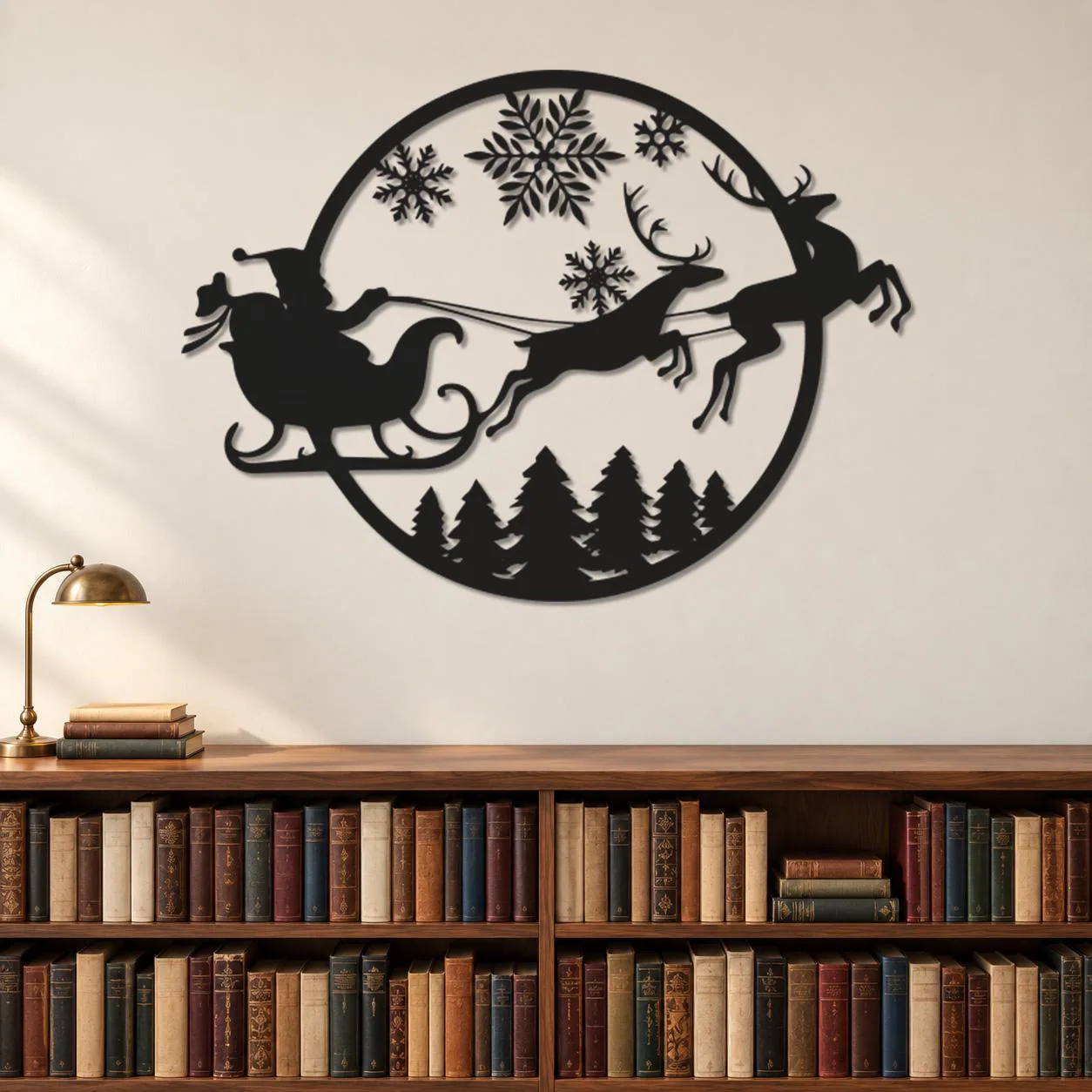 Santa Sleigh Scene, Round Christmas Art, Leaping Reindeer Pair, Snowflake Sky, Winter Night Design, Christmas Lover Gift, Metal Wall Hanging - image 4