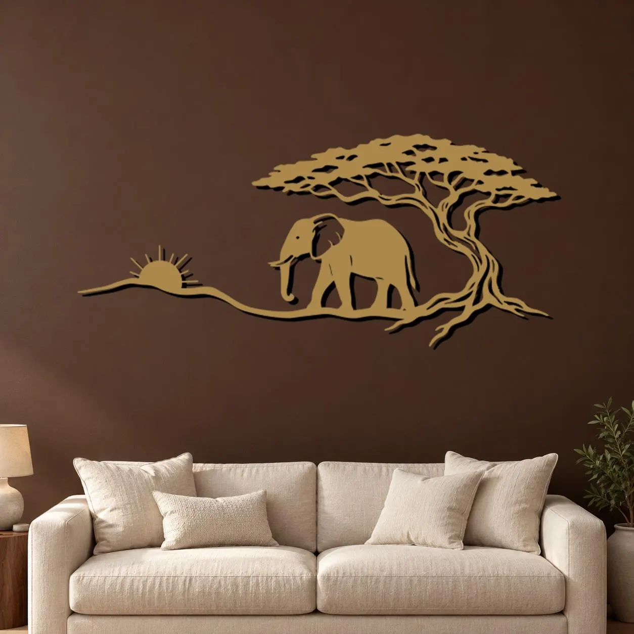 Elephant Sunset Art, Savanna Tree Scene, Rising Sun Outline, Nature Metal Decor, Acacia Style Canopy, Outdoor Animal Artwork, Wall Sculpture - image 4