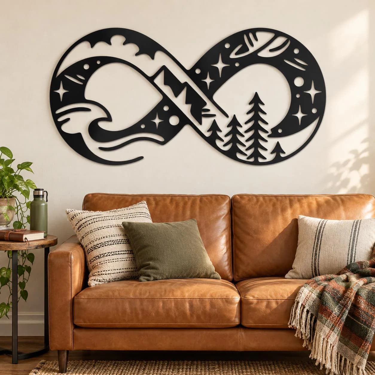 Infinity Landscape Art, Mountain Wave Scene, Pine Tree Silhouettes, Outdoor Wall Sculpture, Celestial Landscape Artwork, Powder Coated Metal