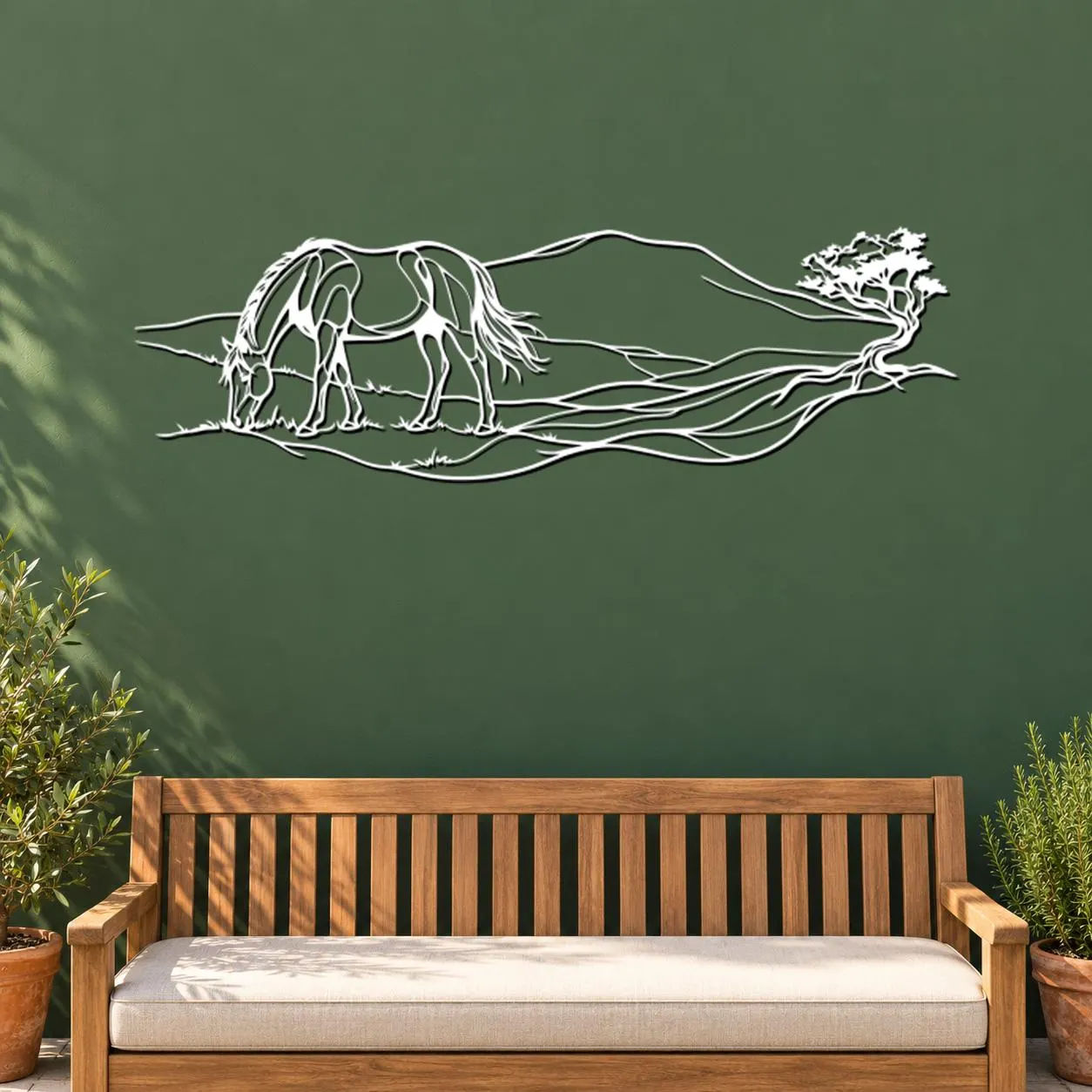 Grazing Horse Art, Flowing Meadow Scene, Lowered Head Pose, Distant Tree Detail, Pastoral Animal Artwork, Nature Metal Decor, Wall Sculpture - image 3