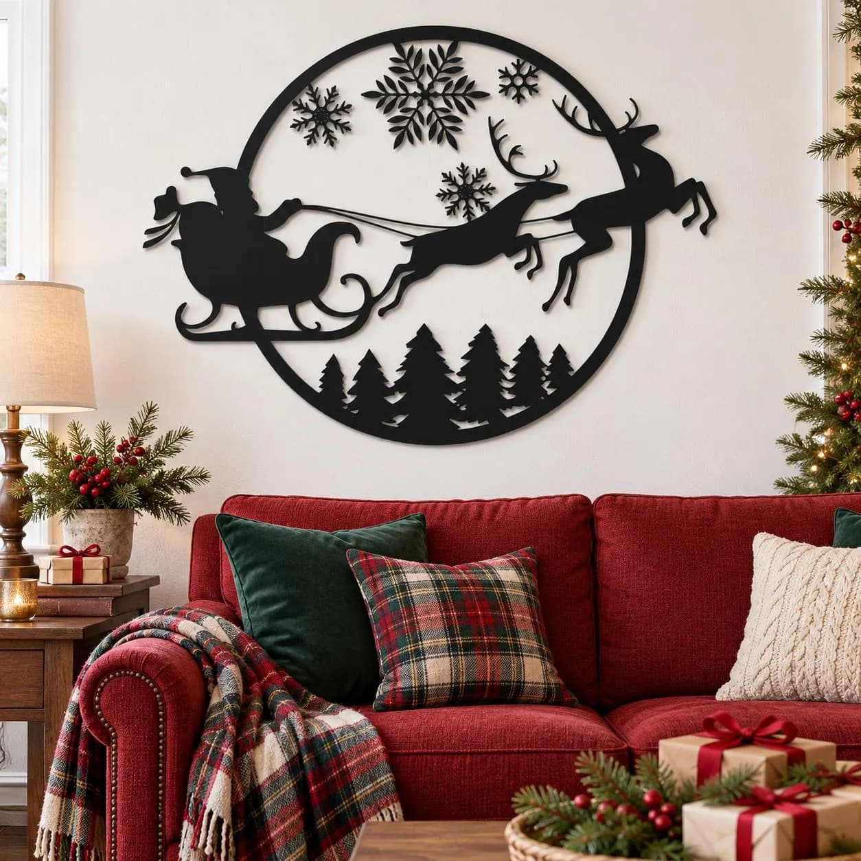 Santa Sleigh Scene, Round Christmas Art, Leaping Reindeer Pair, Snowflake Sky, Winter Night Design, Christmas Lover Gift, Metal Wall Hanging