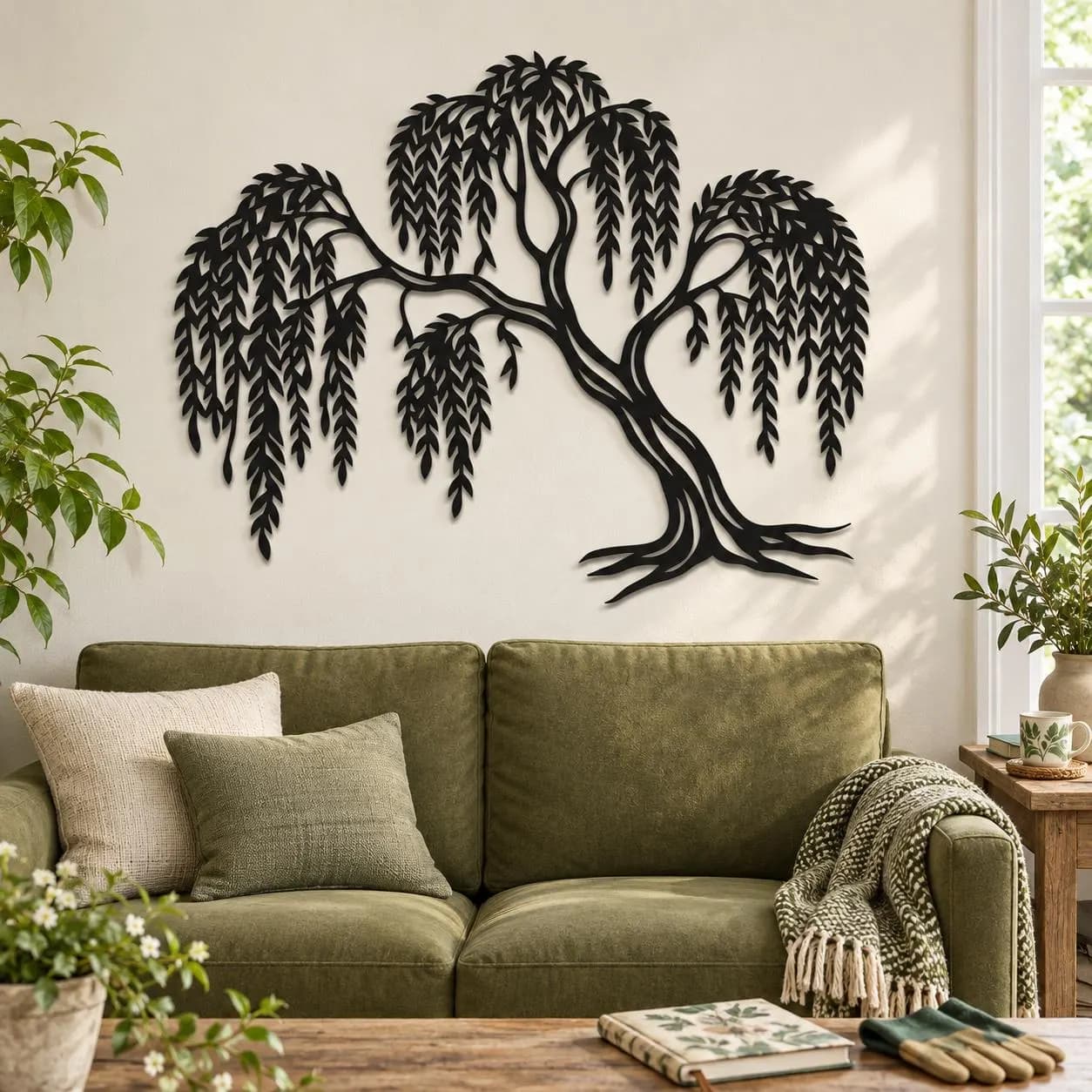 Willow Tree Art, Drooping Leaf Canopy, Curved Trunk Design, Nature Metal Decor, Flowing Branch Pattern, Plant Lover Gift, Metal Wall Hanging