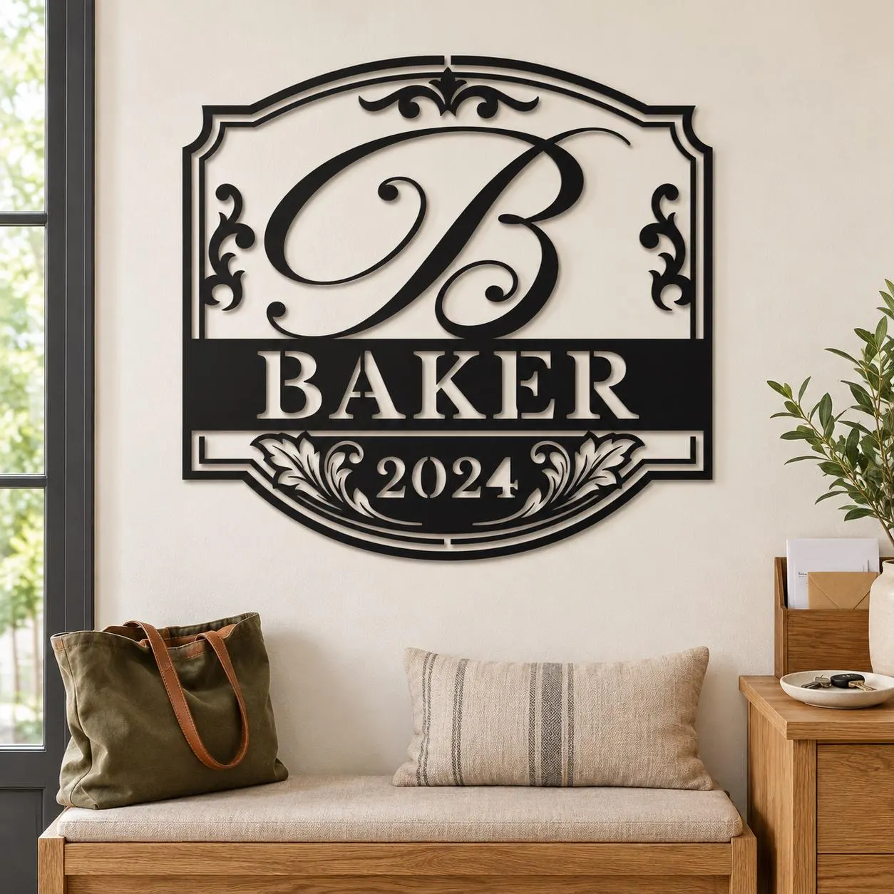 Baker Family Art, Monogram Letter B, Established Date Detail, Ornate Name Plaque, Scrollwork Border, Classic Lettering Design, Metal Artwork