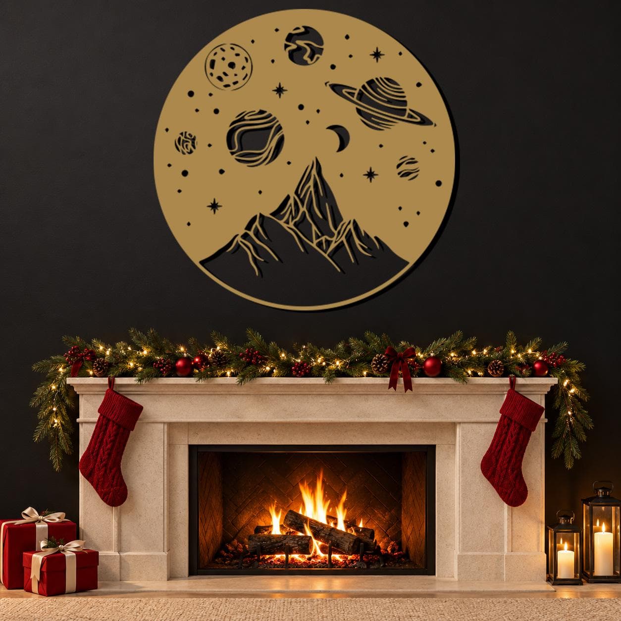 Cosmic Mountain Art, Round Planet Scene, Star Filled Sky, Space Inspired Landscape, Astronomy Lover Gift, Metal Wall Hanging, Wall Sculpture - image 5
