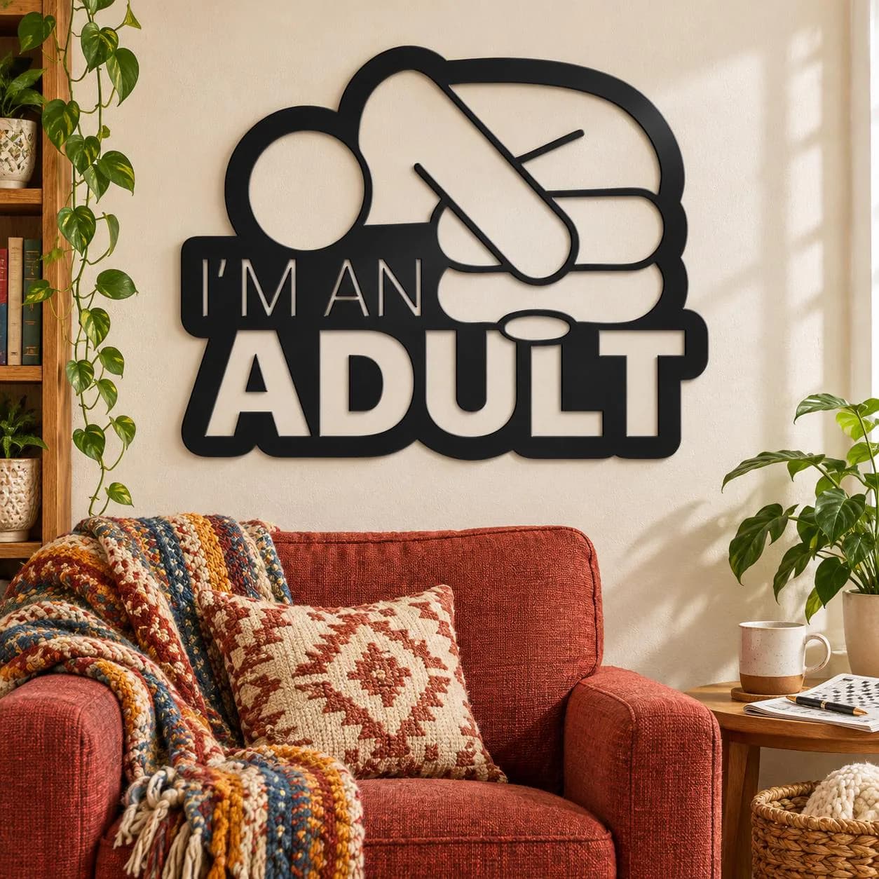 Adult Humor Sign, I'm An Adult, Cheeky Metal Decor, Humorous Wall Sculpture, Statement Lettering, Graphic Gesture Artwork, Funny Friend Gift
