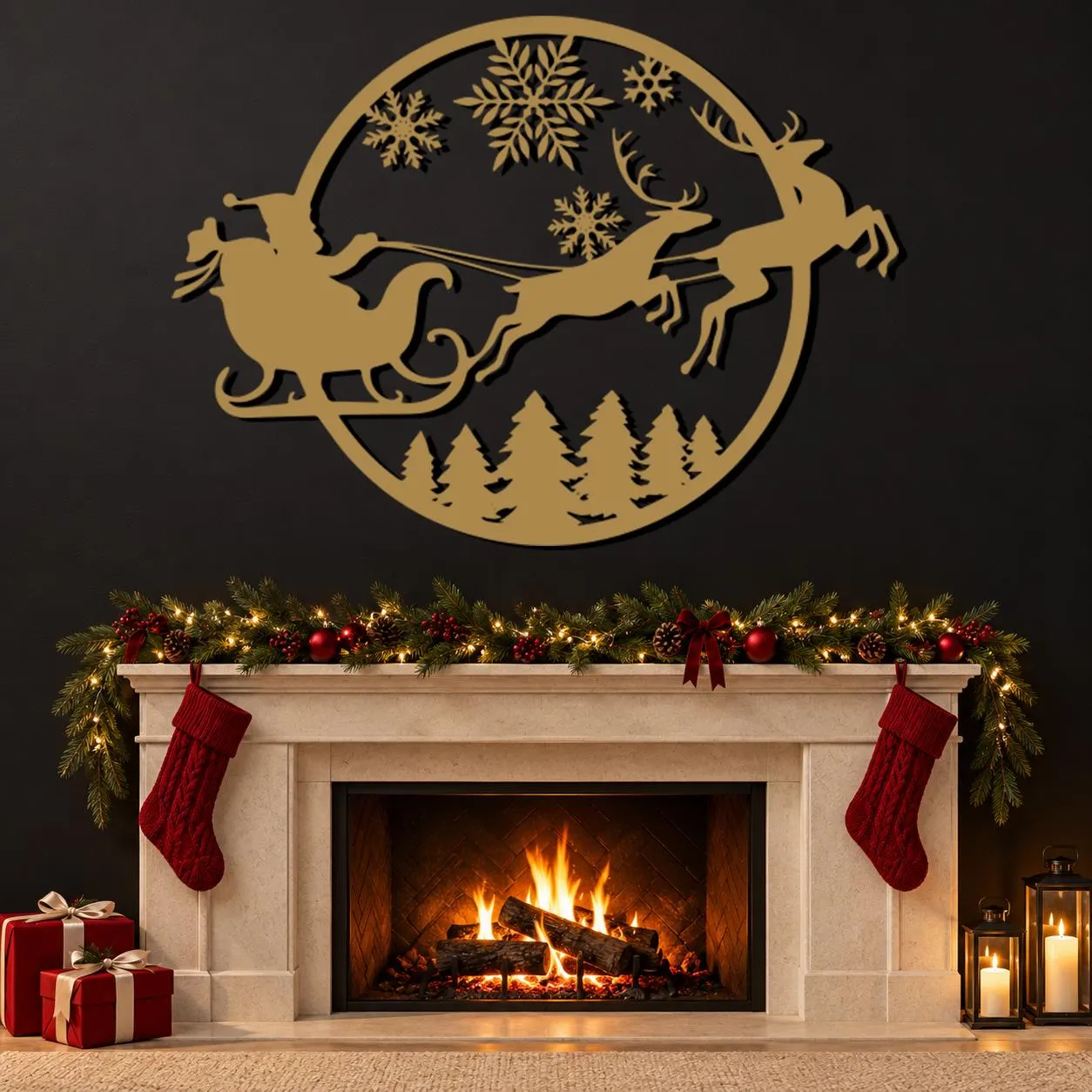 Santa Sleigh Scene, Round Christmas Art, Leaping Reindeer Pair, Snowflake Sky, Winter Night Design, Christmas Lover Gift, Metal Wall Hanging - image 5