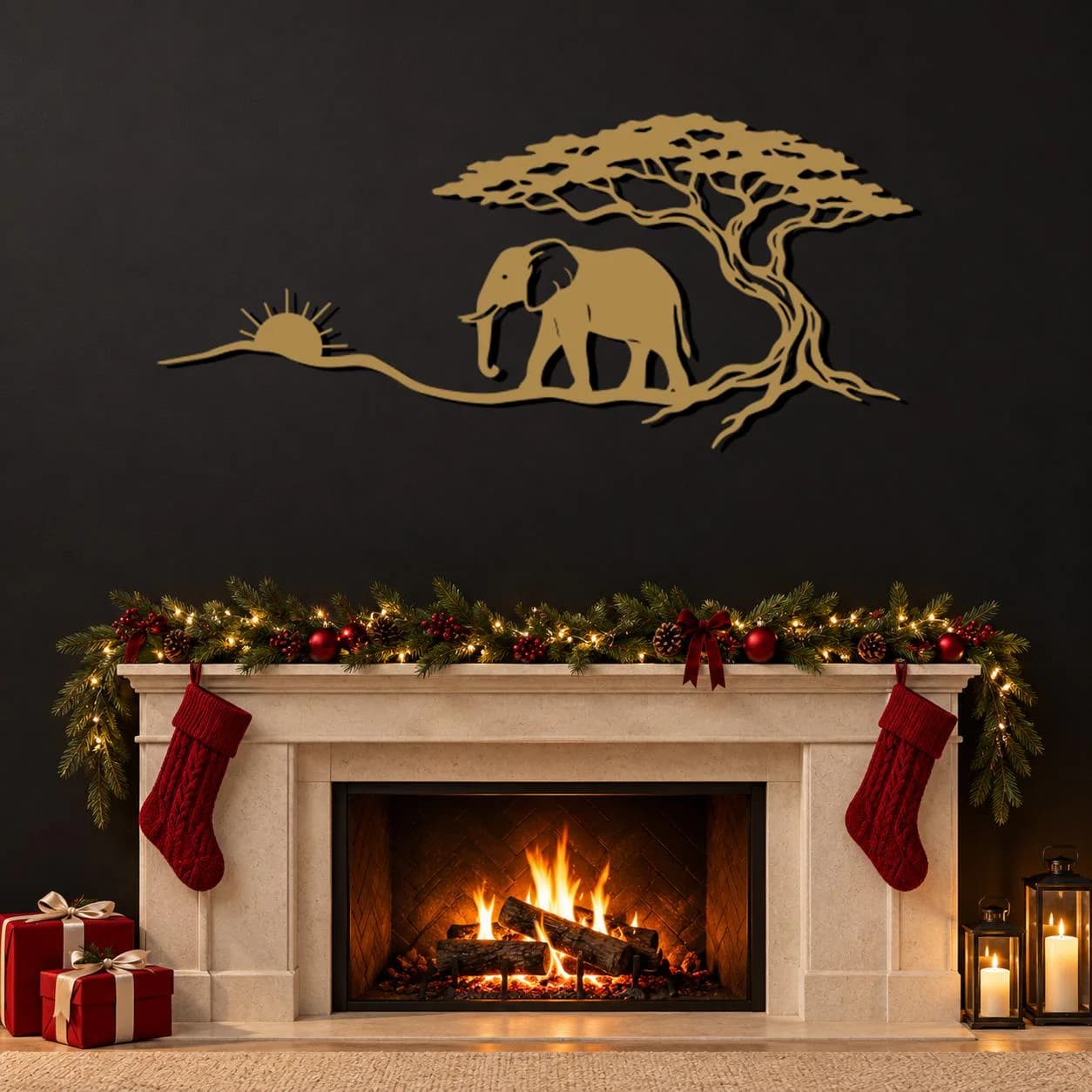 Elephant Sunset Art, Savanna Tree Scene, Rising Sun Outline, Nature Metal Decor, Acacia Style Canopy, Outdoor Animal Artwork, Wall Sculpture - image 3