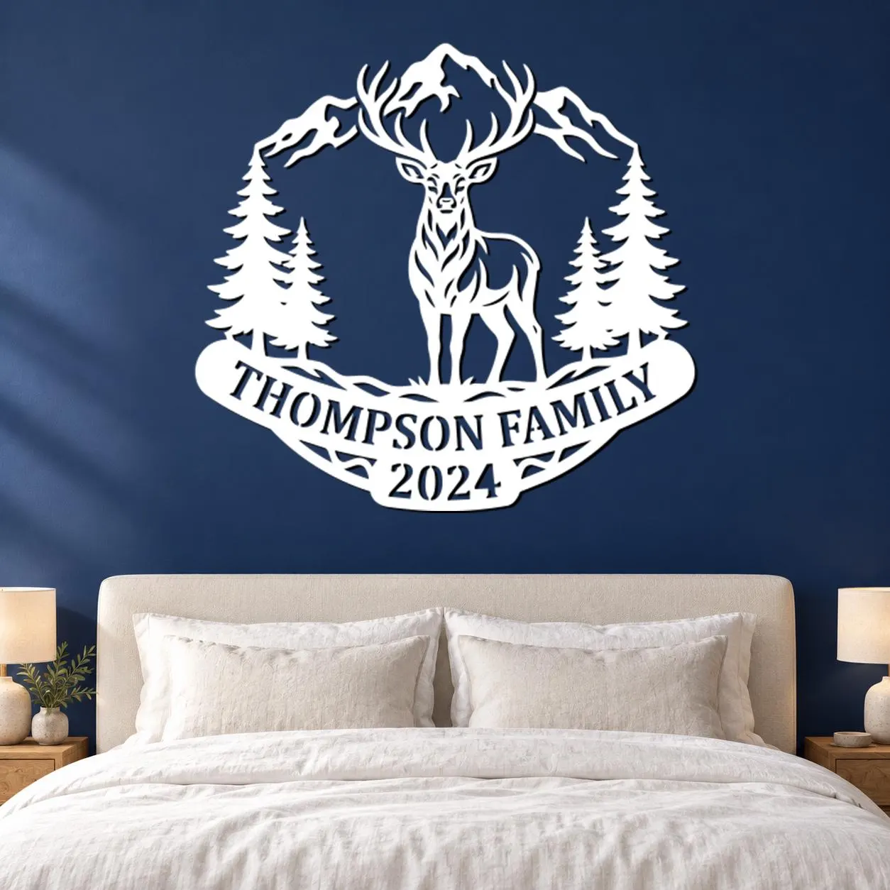 Thompson Deer Art, Family Name Banner, Mountain Stag Scene, Pine Tree Border, Year Lettering Detail, Wildlife Sculpture, Powder Coated Metal - image 2