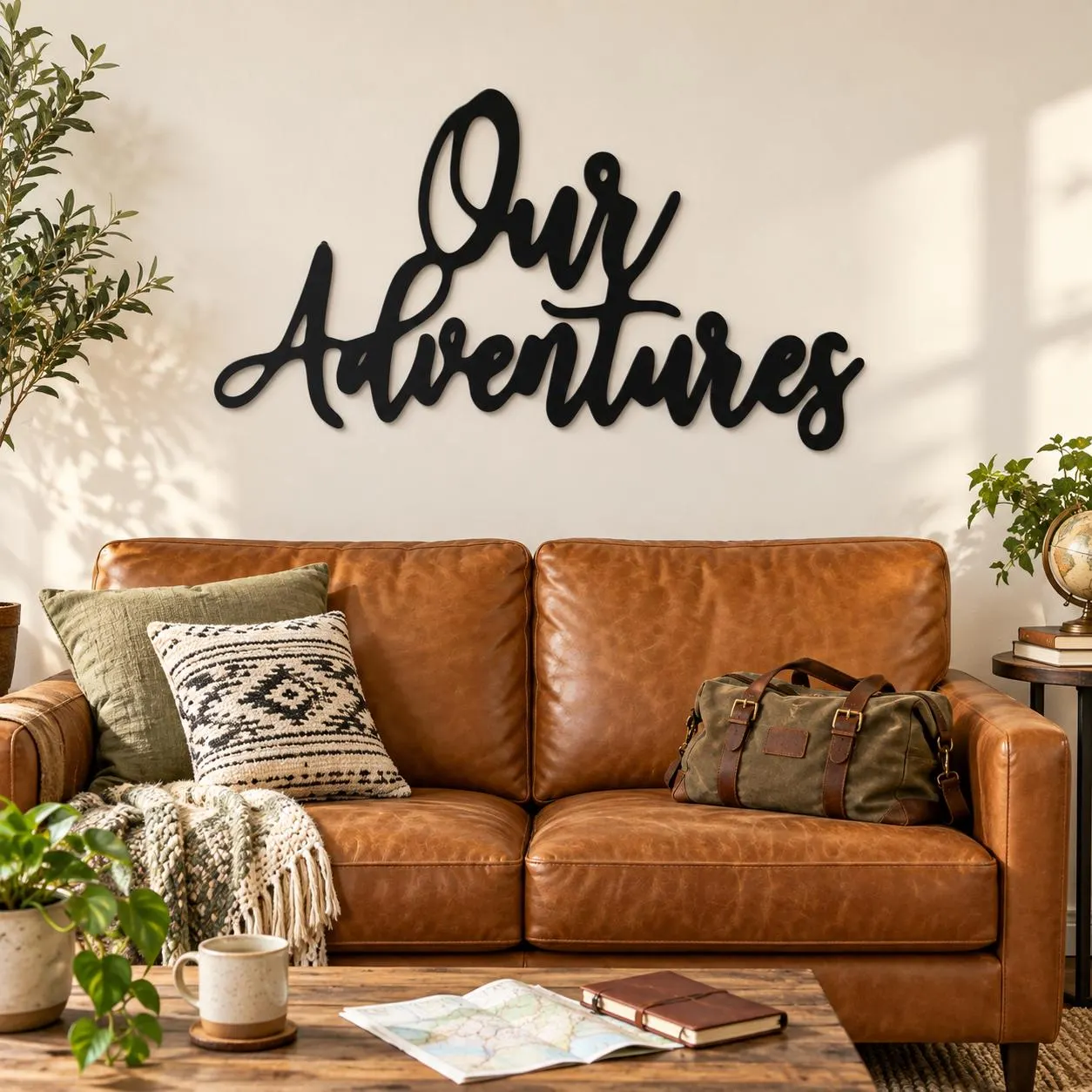 Adventure Quote Art, Our Adventures Lettering, Flowing Script Design, Journey Wall Sculpture, Handwritten Style Artwork, Graphic Metal Decor