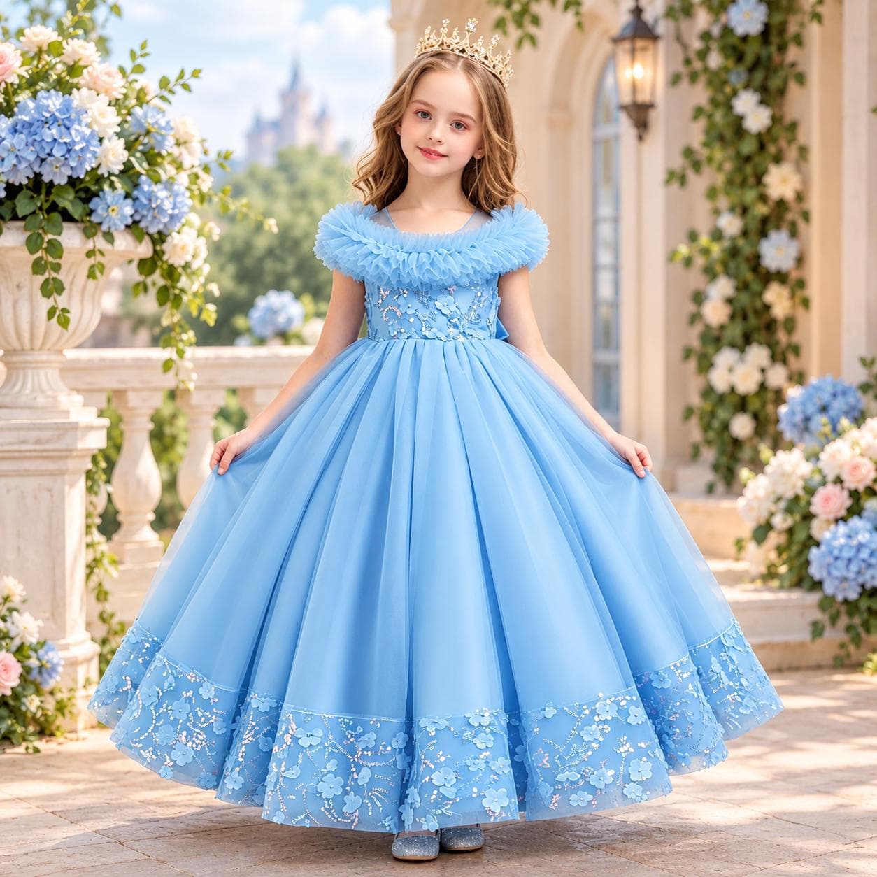 Lace Sequin Flower Girl Dress, Princess Wedding Gown (4-14Y)