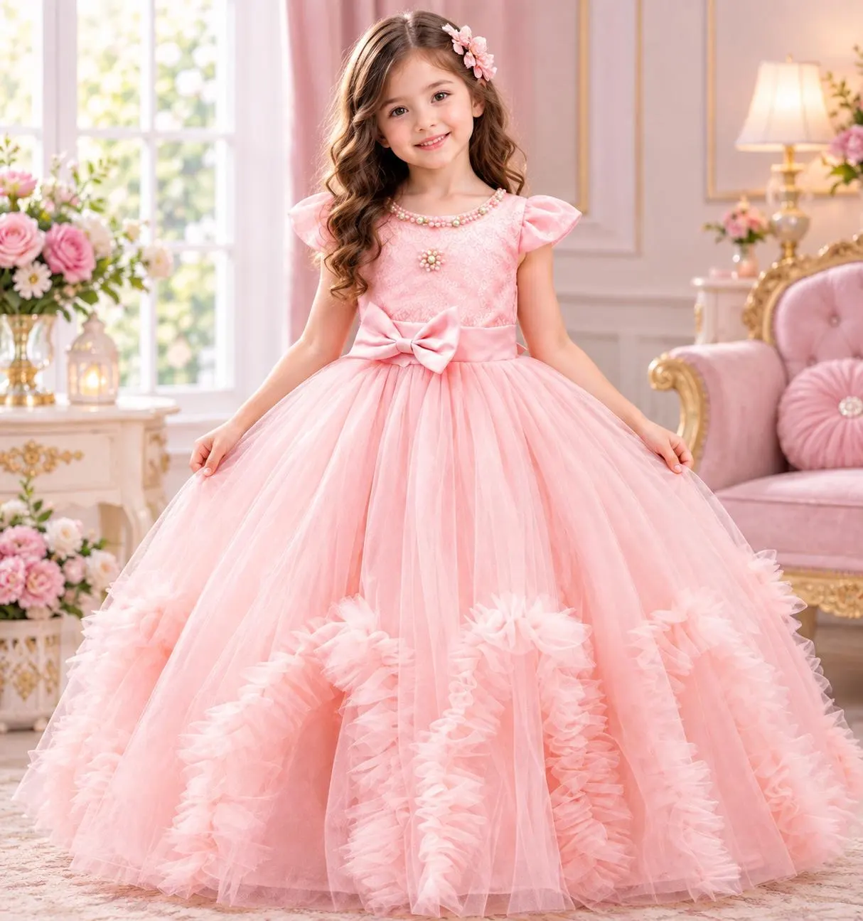 Lace Sequin Flower Girl Dress, Princess Wedding Gown, First Communion Formal Dress (Ages 4-14) - image 4