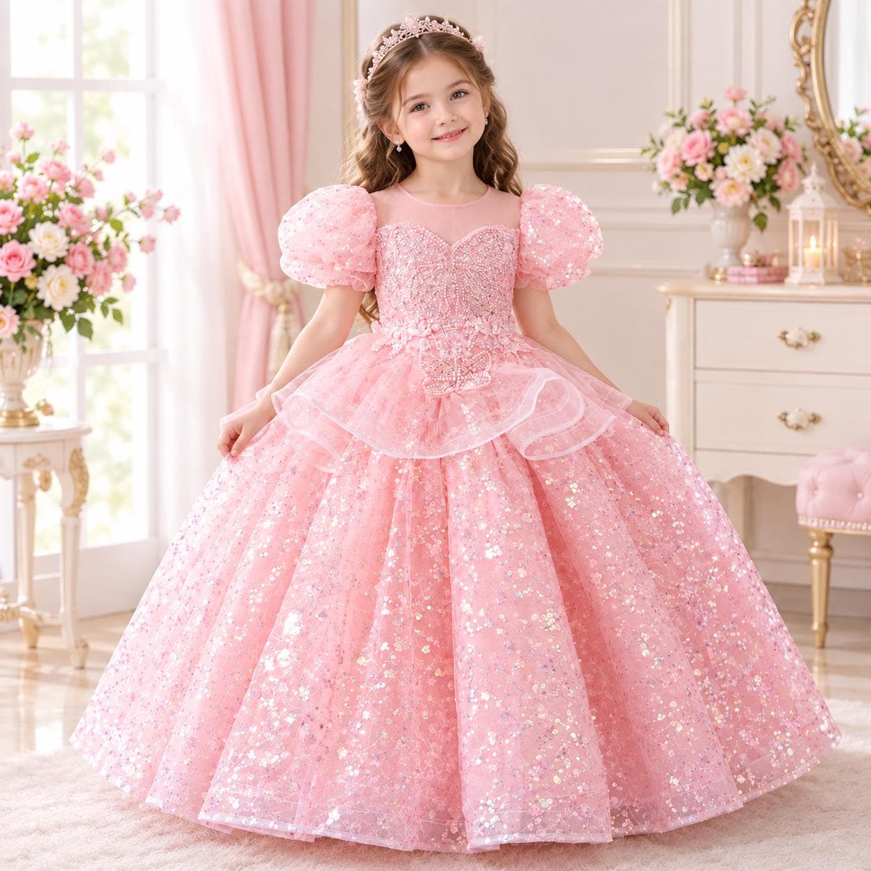 Girls Princess Performance Dress, Sparkle Flower Girl Gown, Piano Recital Costume