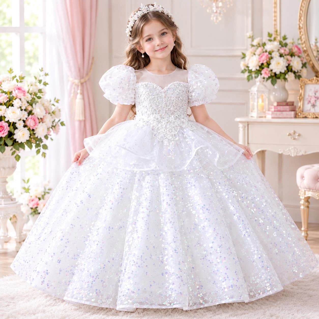Girls Princess Performance Dress, Sparkle Flower Girl Gown, Piano Recital Costume - image 2