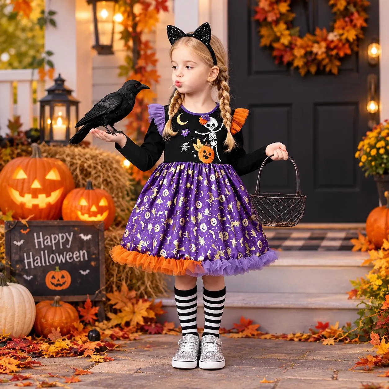 Halloween Princess Dress for Baby Girls, Pumpkin Skull Print Costume, Kids Halloween Party DressCotton Mesh Tutu DressToddler Cosplay Outfit