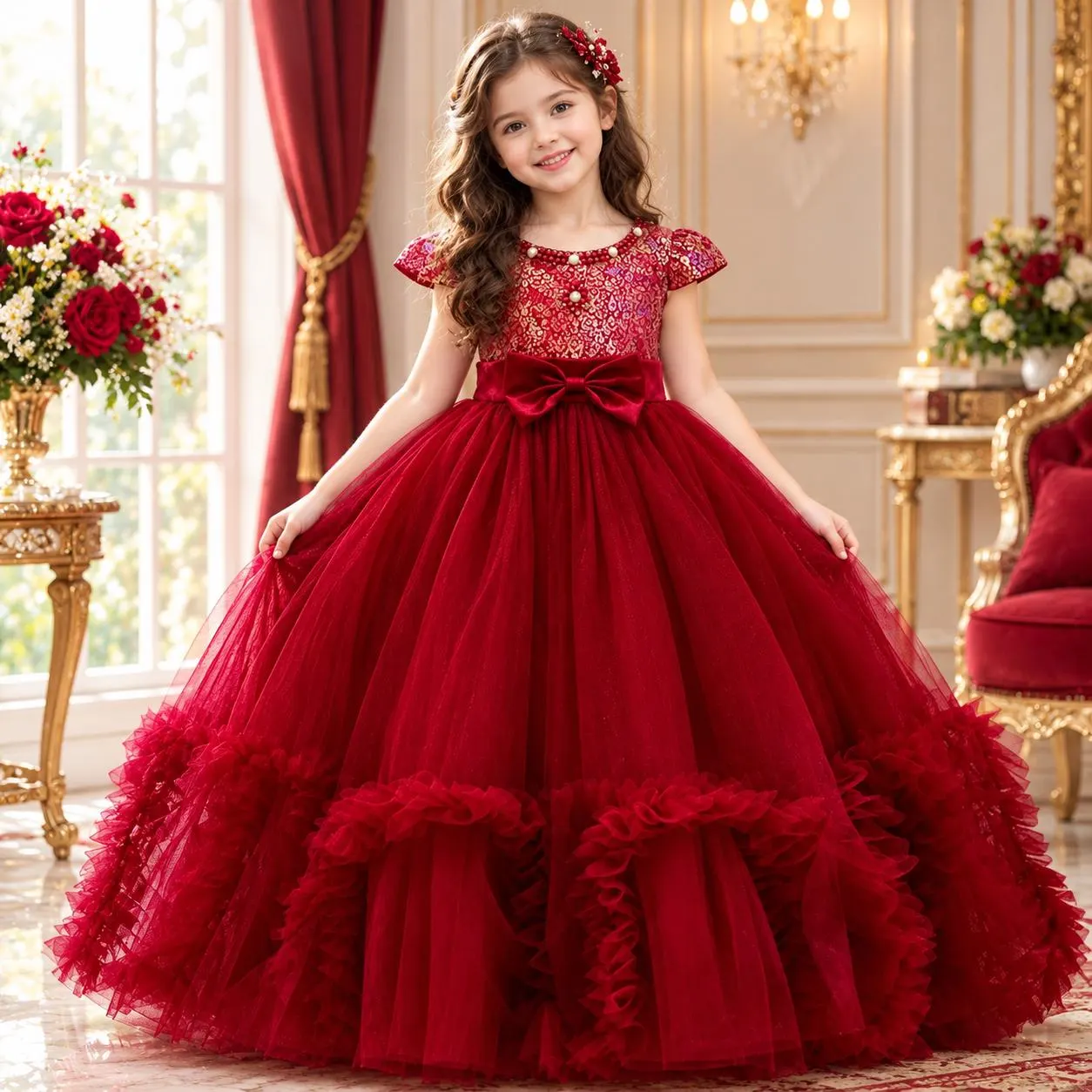 Lace Sequin Flower Girl Dress, Princess Wedding Gown, First Communion Formal Dress (Ages 4-14) - image 2