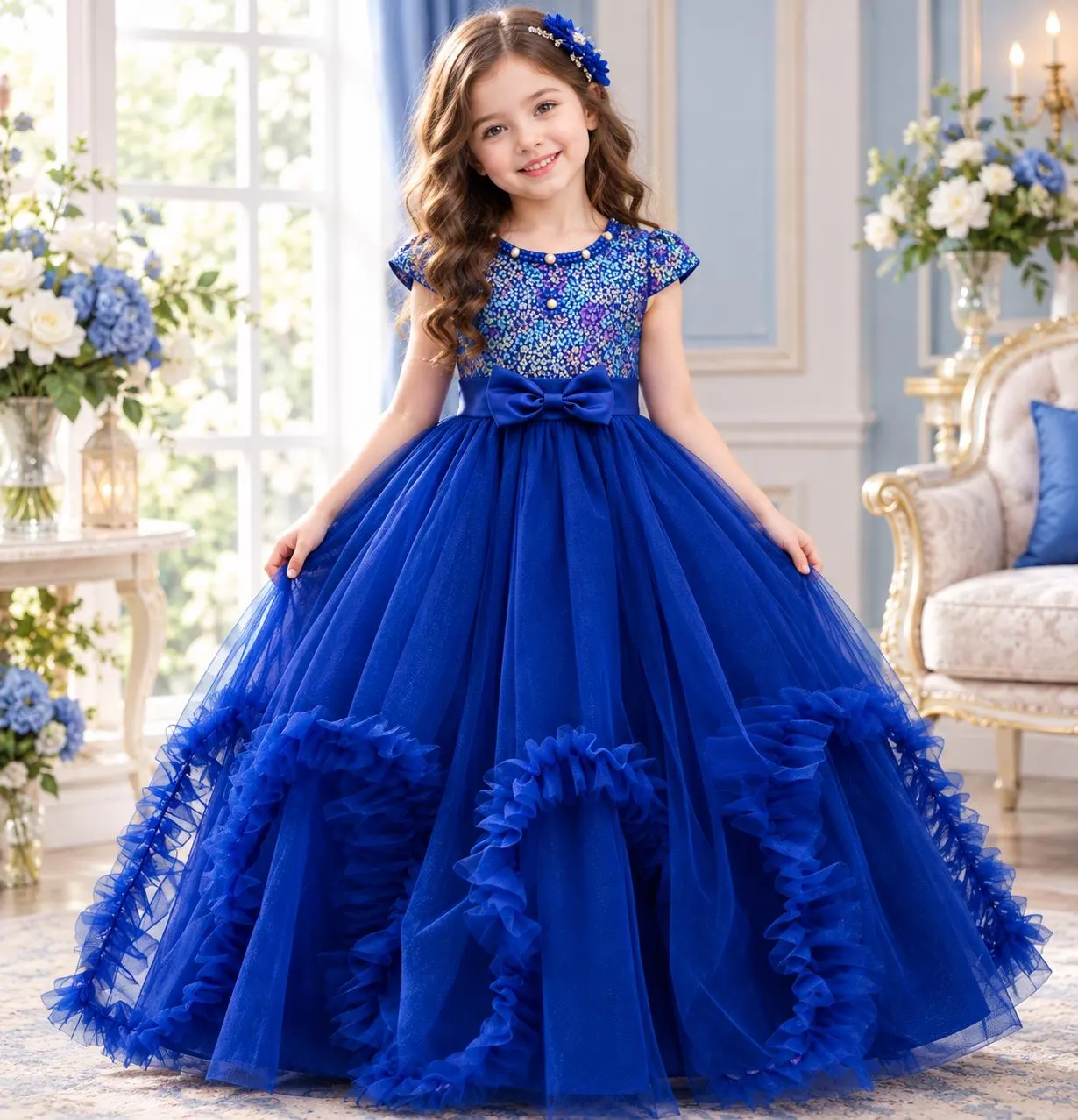 Lace Sequin Flower Girl Dress, Princess Wedding Gown, First Communion Formal Dress (Ages 4-14)