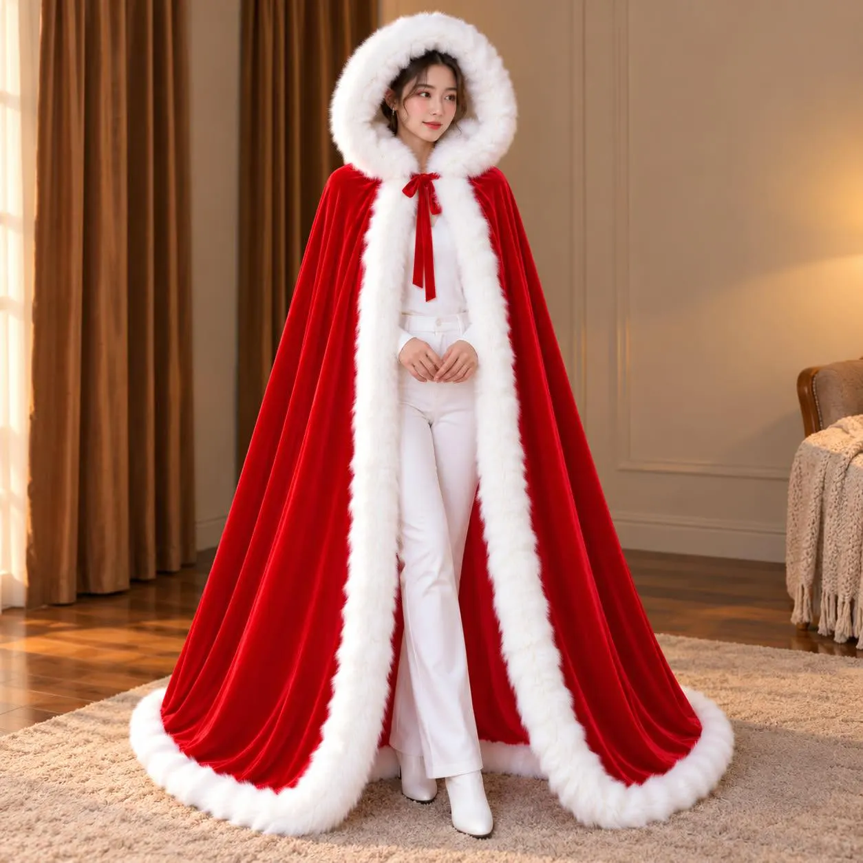 Women's Hooded Fur Trimmed Cape One Size Black Red White Elegant Flowing Formal Photoshoot Costume, Fur Trim Cape, Bridal Cape, Winter Cape