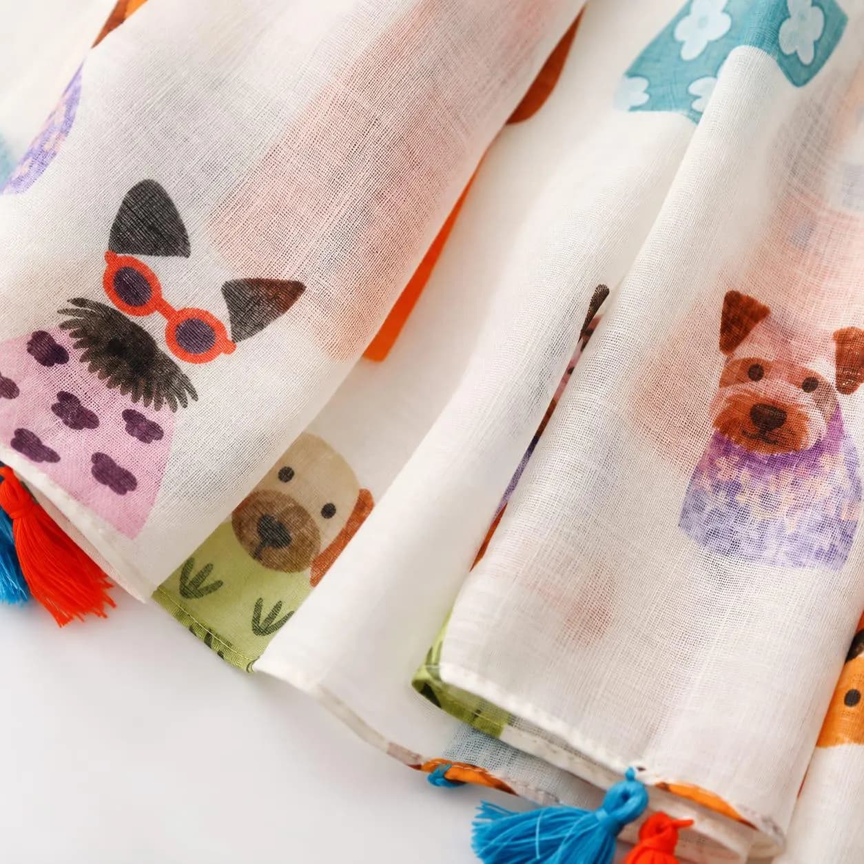 Cartoon Dog Print Scarf with Colorful Tassels, Lightweight Sheer Shawl - image 4