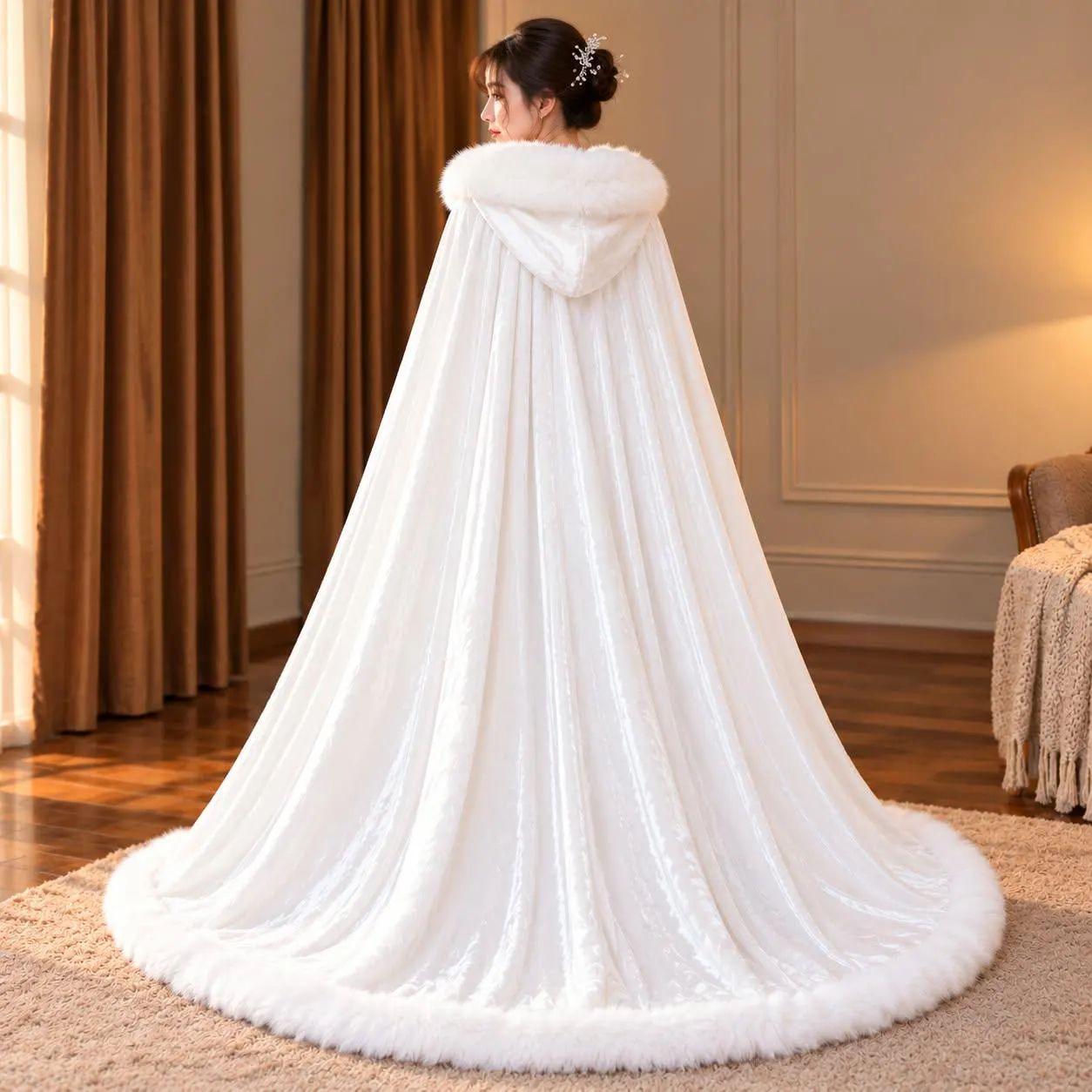 White Velvet Hooded Cape with Faux Fur Trim, Medieval Fantasy Cloak