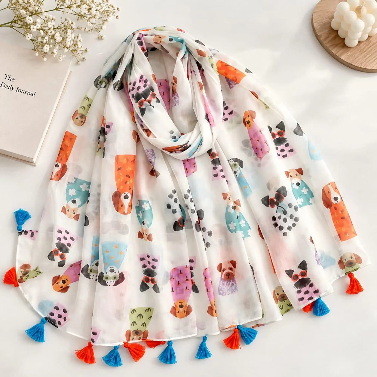 Cartoon Dog Print Scarf with Colorful Tassels, Lightweight Sheer Shawl - image 3
