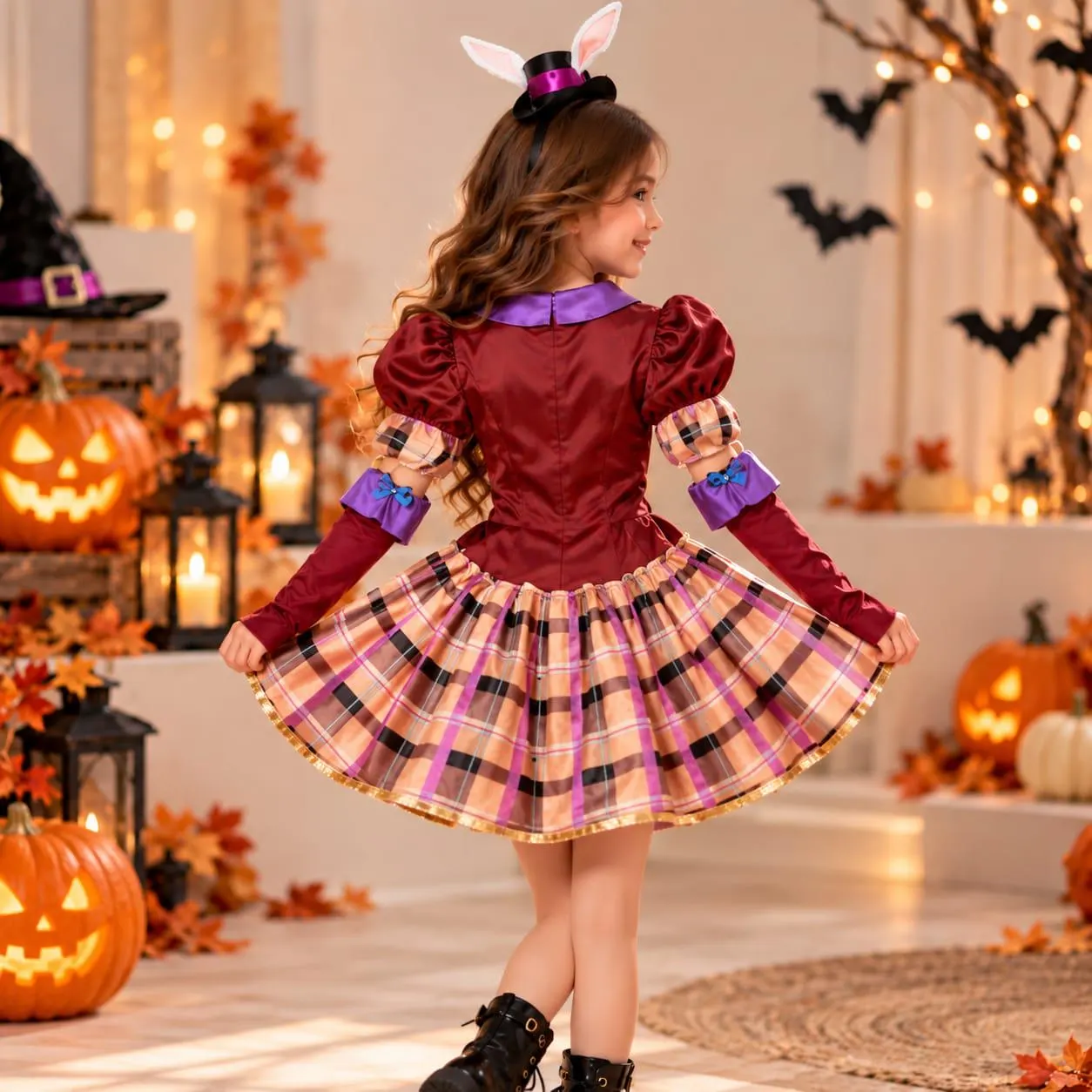 Girls Bunny Halloween Costume, Plaid Rabbit Dress with Mini Top Hat, Pocket Watch & Arm Cuffs, Cute Kids Halloween Party Costume - image 2