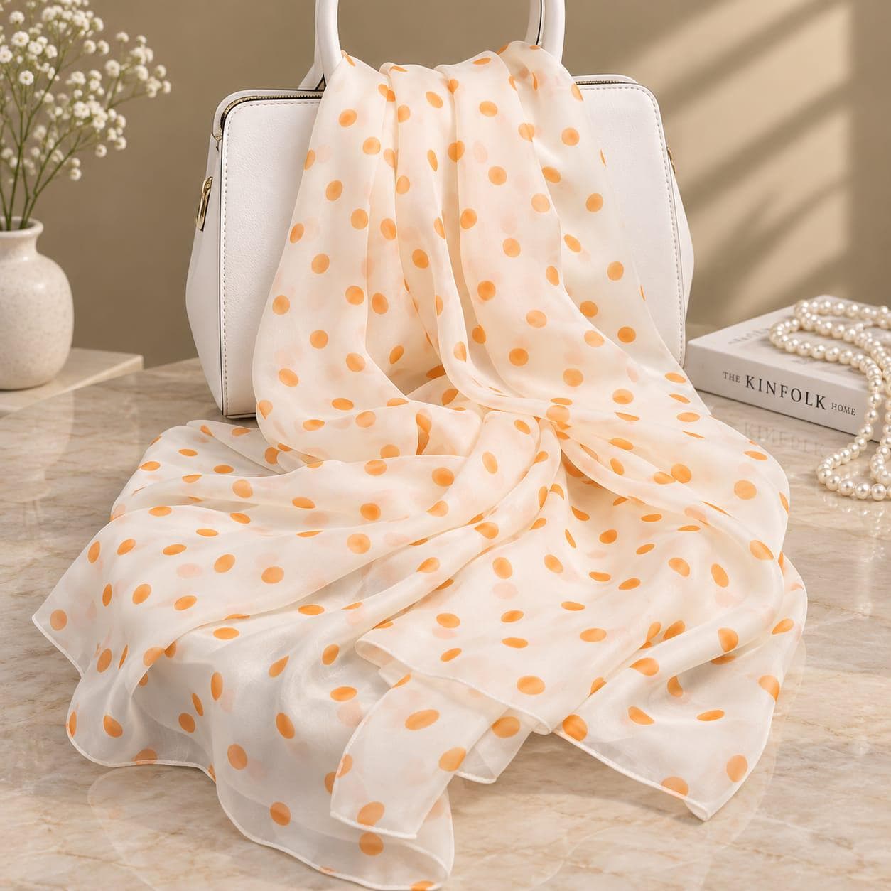100% Pure Silk Scarf, Orange Polka Dot, Lightweight Sheer Wrap - image 2