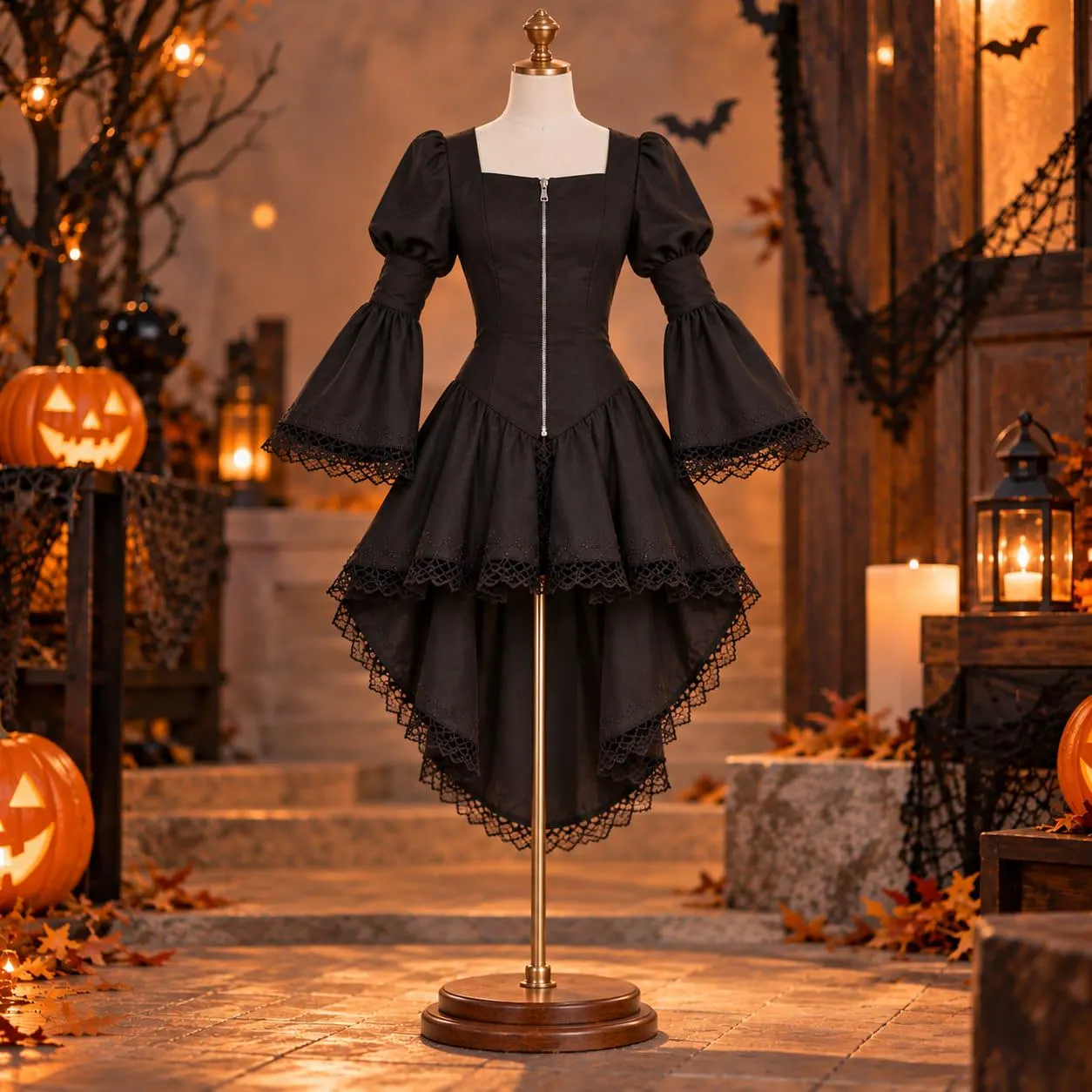 Black Gothic Victorian Dress, Lace Bell Sleeve Halloween Costume, Renaissance Medieval Dress, Vampire Witch Party Outfit for Women - image 3