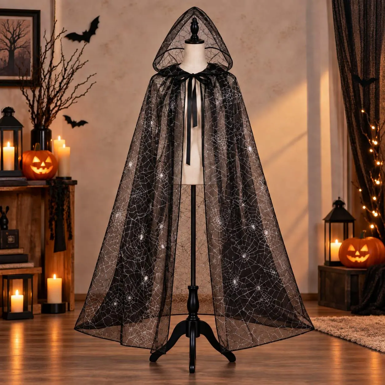 Spider Web Hooded Cape, Sheer Halloween Witch Cloak, Gothic Bat Costume, Long Mesh Cosplay Cape