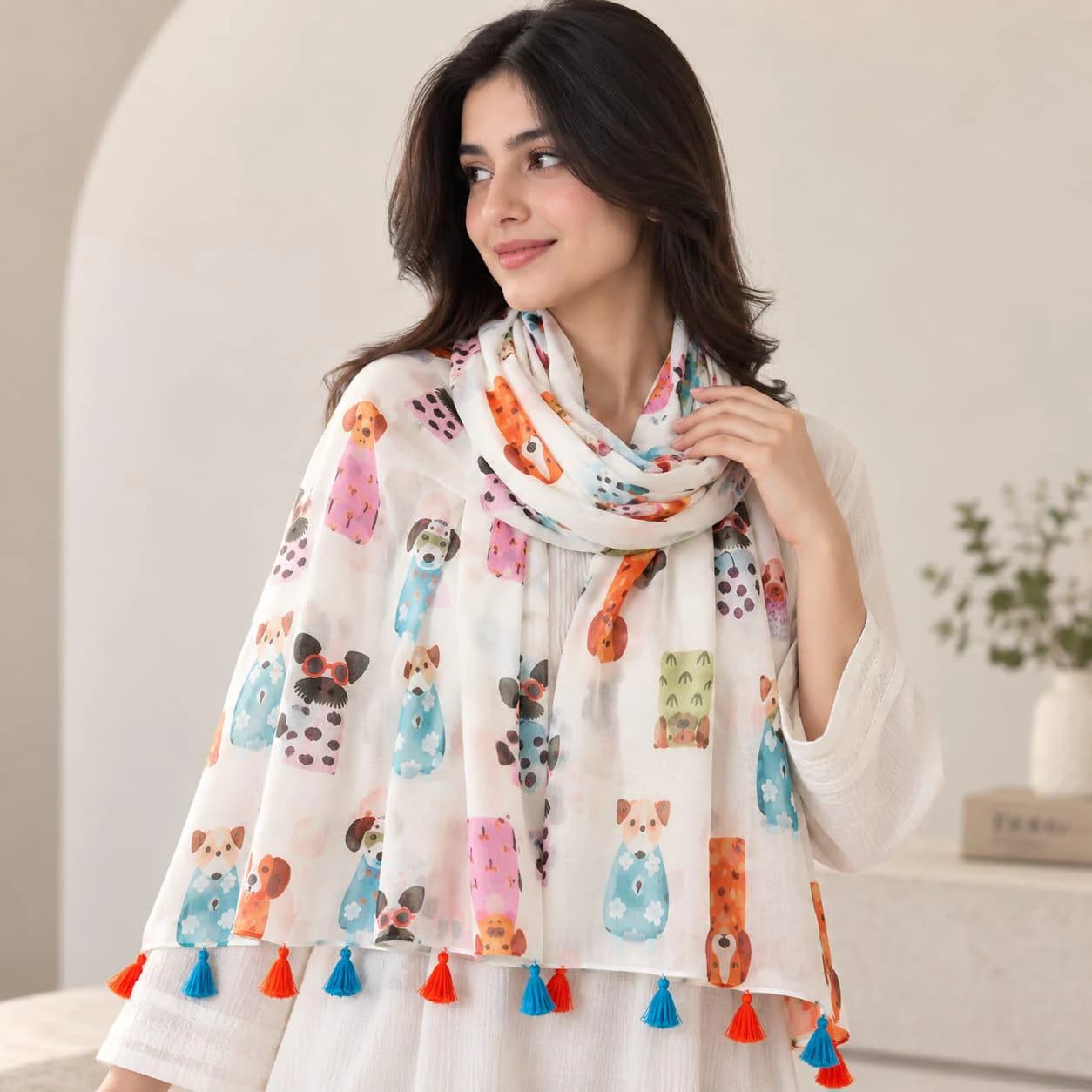 Cartoon Dog Print Scarf with Colorful Tassels, Lightweight Sheer Shawl - image 2