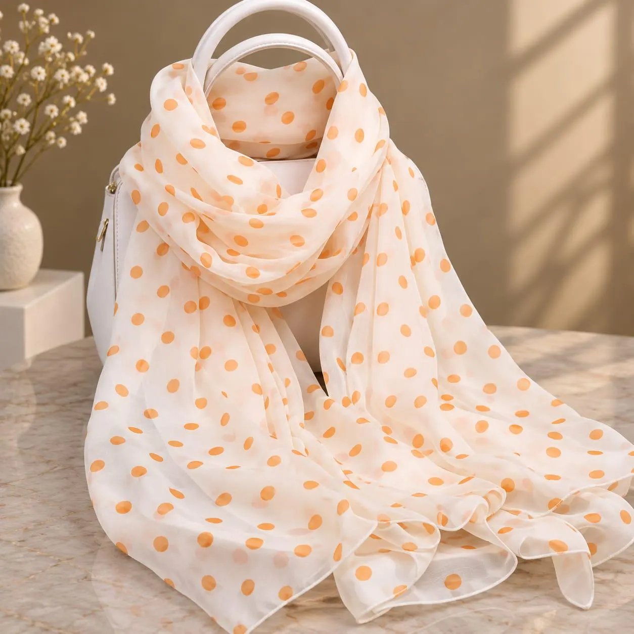 100% Pure Silk Scarf, Orange Polka Dot, Lightweight Sheer Wrap