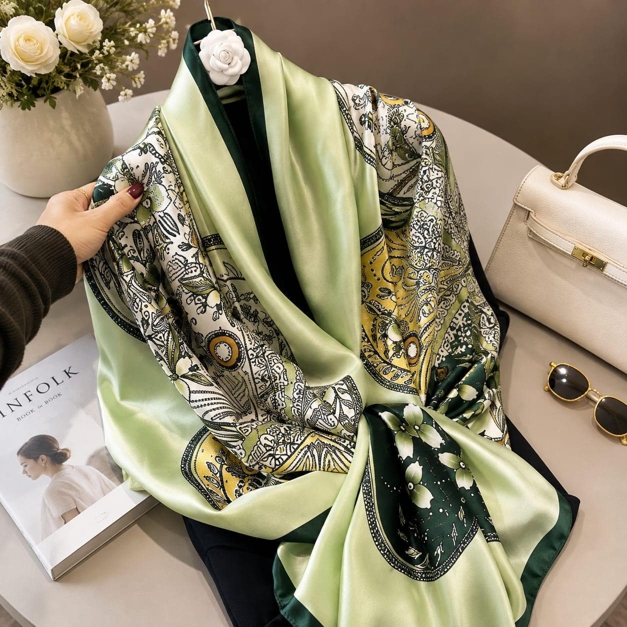 Women’s Satin Scarf, Elegant Floral Printed Scarf, Lightweight Fashion Wrap, Silk-Look Shawl