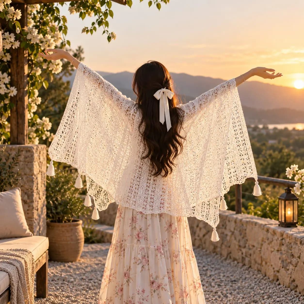 Crochet Lace Shawl for Women, Boho Fringe Cardigan, Lightweight Summer Wrap, Openwork Crochet Cover Up, Vacation Layering