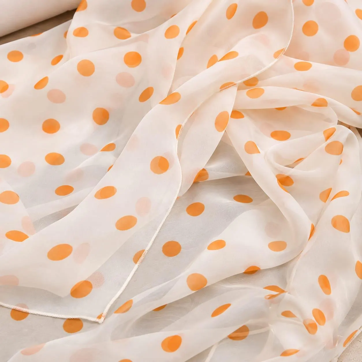 100% Pure Silk Scarf, Orange Polka Dot, Lightweight Sheer Wrap - image 3