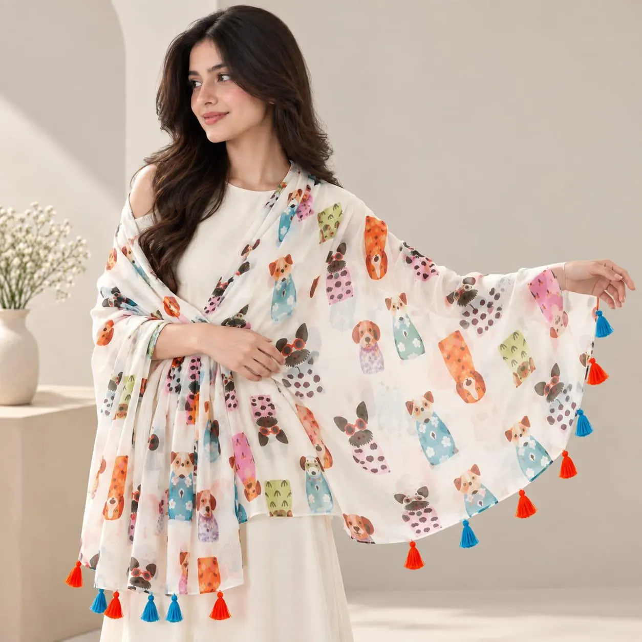 Cartoon Dog Print Scarf with Colorful Tassels, Lightweight Sheer Shawl