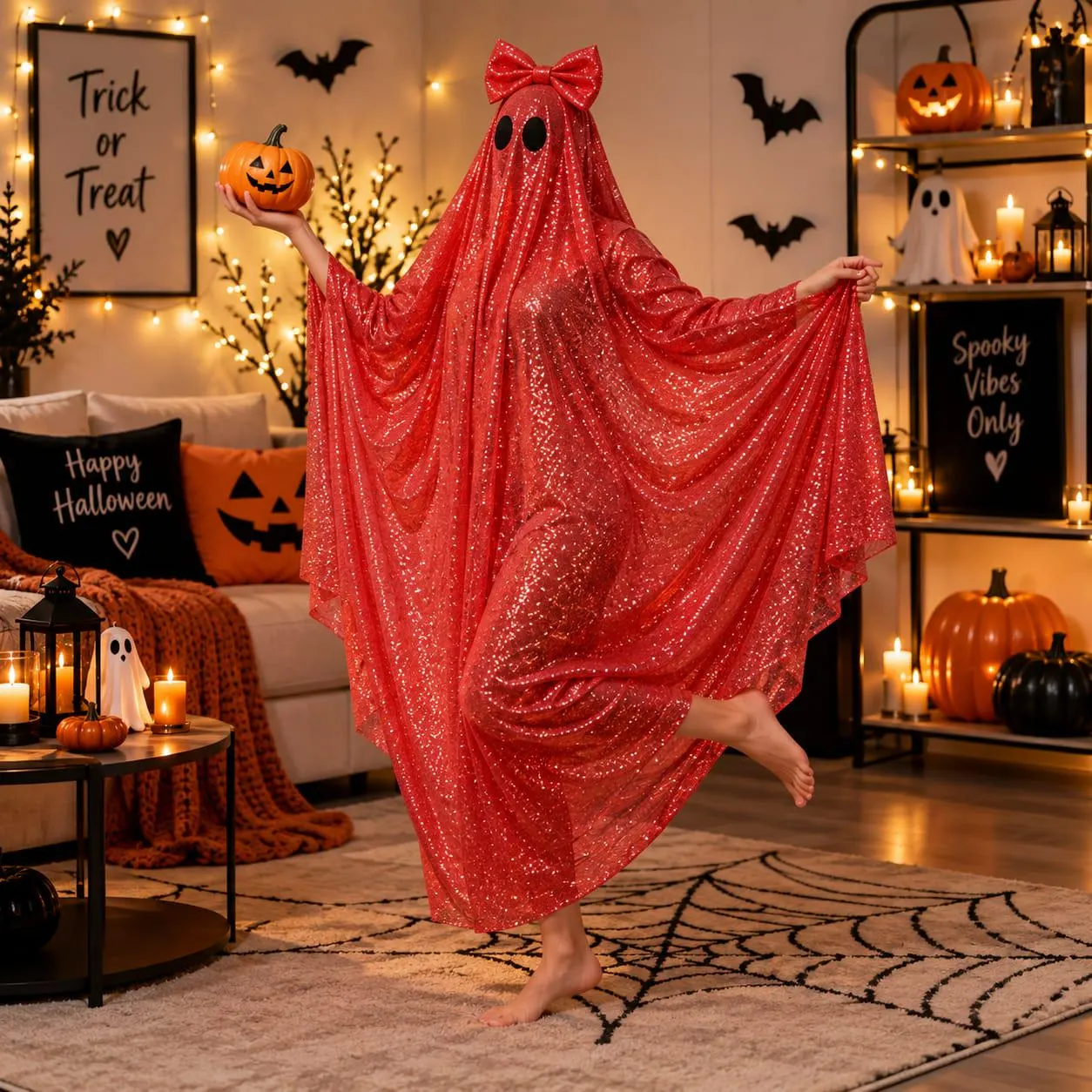 Sparkly Red Sequin Ghost Costume, Halloween Poncho Cape with Bow