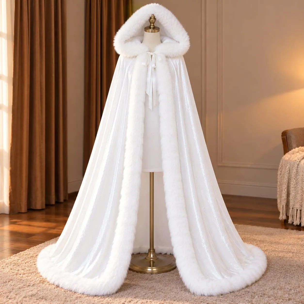 Women's Hooded Fur Trimmed Cape One Size Black Red White Elegant Flowing Formal Photoshoot Costume, Fur Trim Cape, Bridal Cape, Winter Cape - image 2