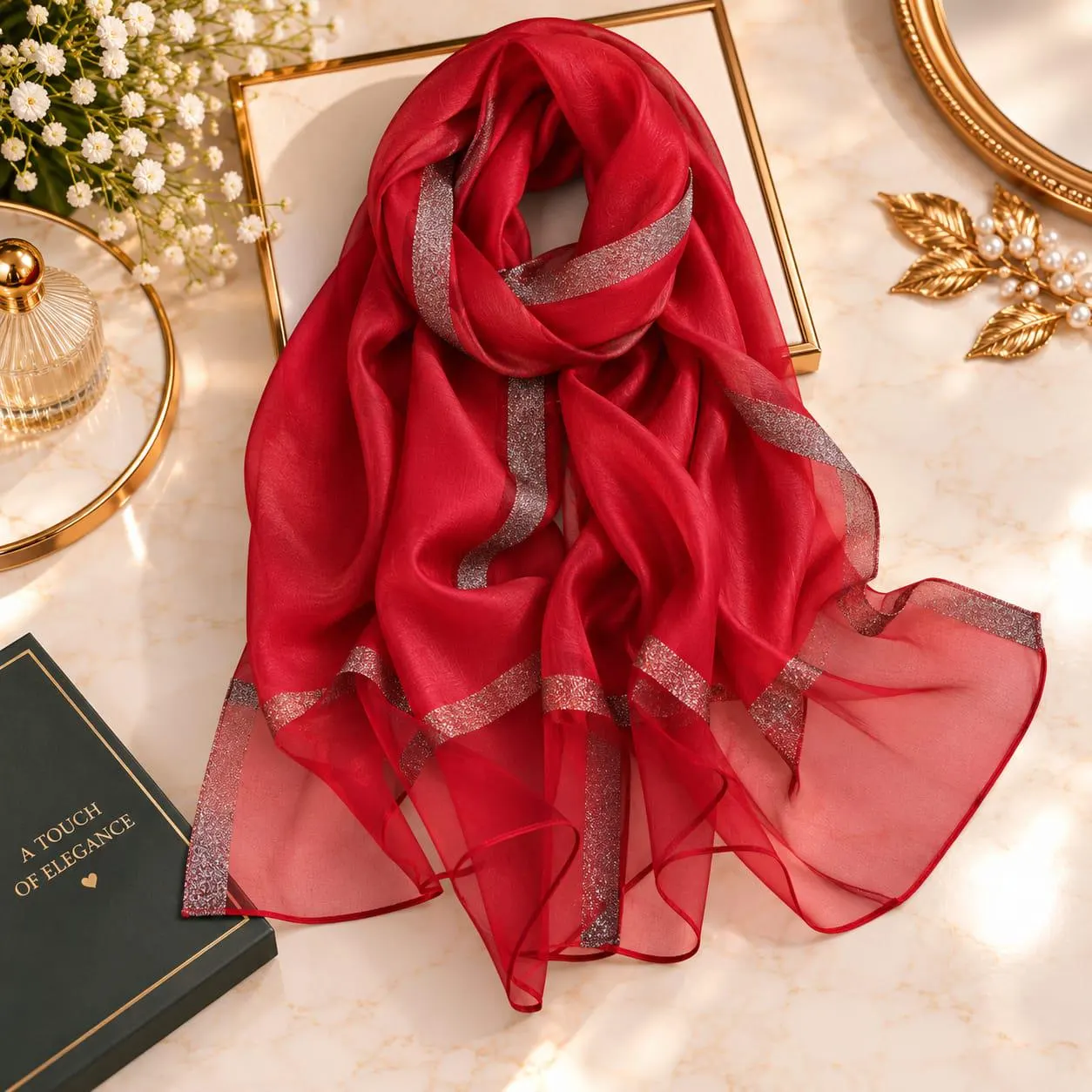Elegant Sheer Chiffon Scarf for Women, Lightweight Luxury Wrap, Glitter Border Shawl, Formal Evening Scarf, Wedding Party Gift - image 4
