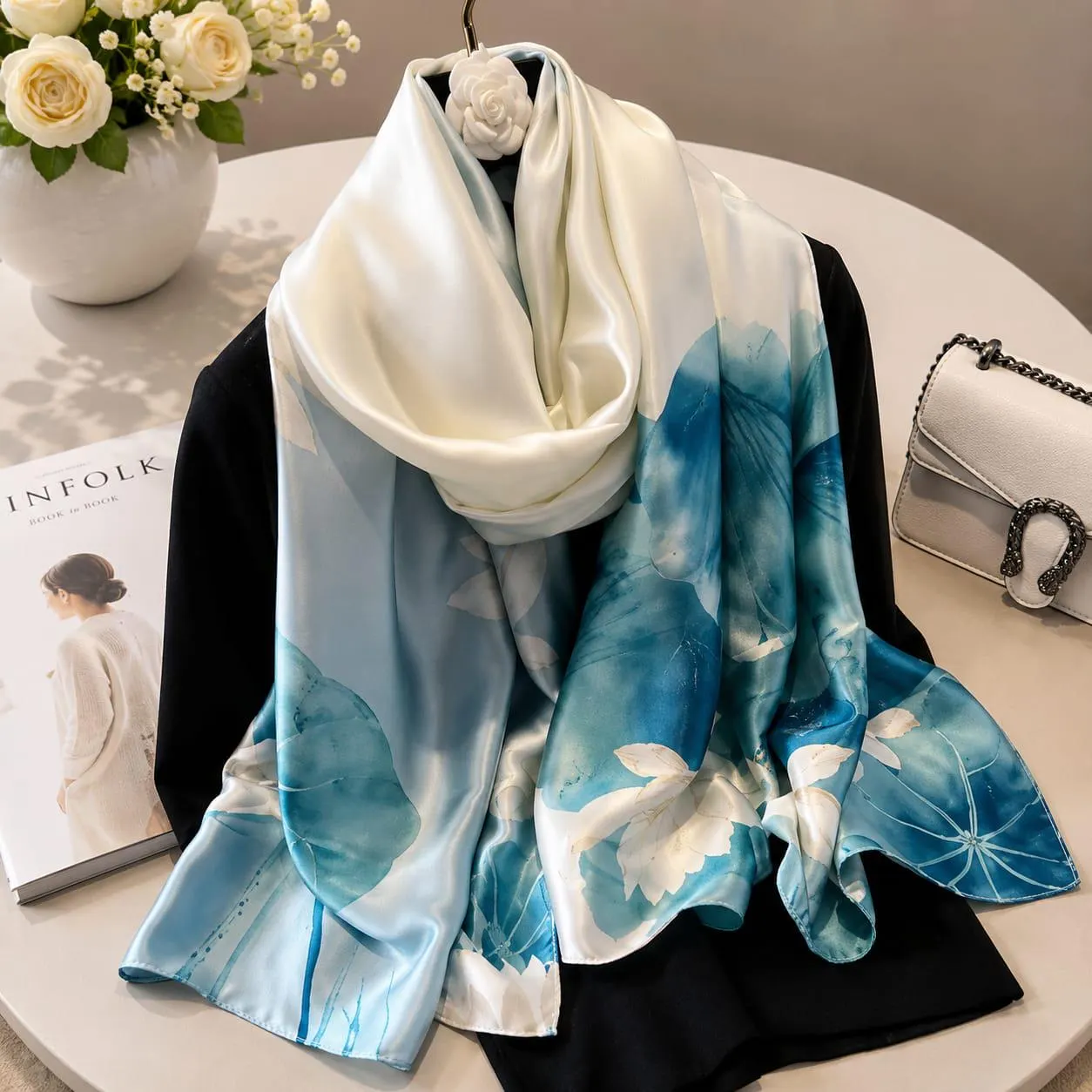 Luxury Silk Scarf for Women, Elegant Printed Head Wrap, Satin Neck Scarf, Hijab Hair Scarf, Four Season Fashion Accessory, Gift for Her