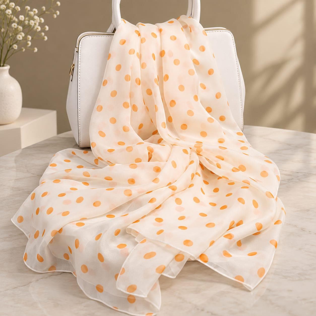 100% Pure Silk Scarf, Orange Polka Dot, Lightweight Sheer Wrap - image 4