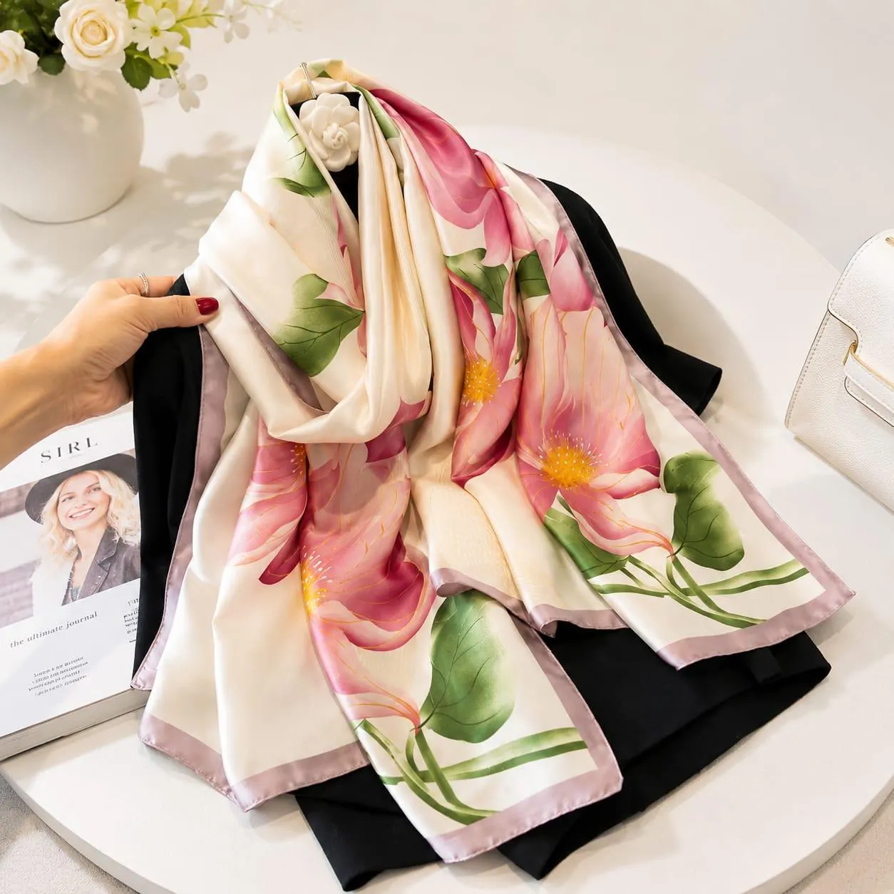 Luxury Silk Scarf for Women, Elegant Printed Head Wrap, Satin Neck Scarf, Hijab Hair Scarf, Four Season Fashion Accessory, Gift for Her - image 5