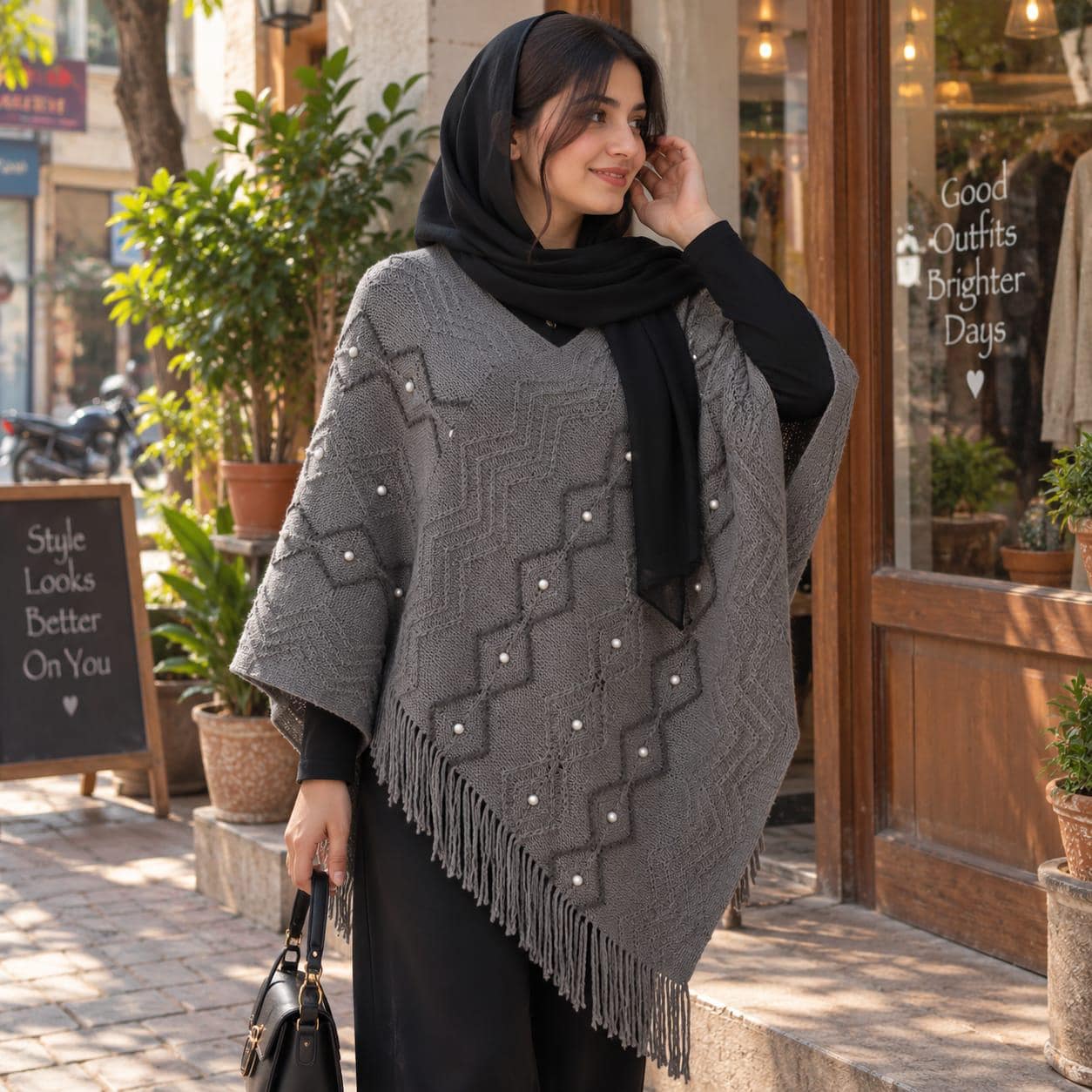 Knit Poncho for Women, Fringed Cape Sweater, Pearl Detail V Neck Wrap, Geometric Batwing Sleeve Autumn Winter - image 3