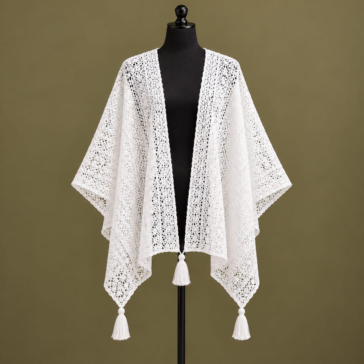 Crochet Lace Shawl for Women, Boho Fringe Cardigan, Lightweight Summer Wrap, Openwork Crochet Cover Up, Vacation Layering - image 5