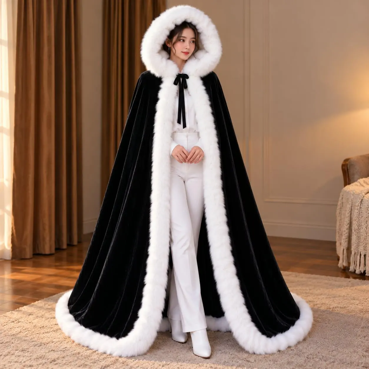 Women's Hooded Fur Trimmed Cape One Size Black Red White Elegant Flowing Formal Photoshoot Costume, Fur Trim Cape, Bridal Cape, Winter Cape - image 5