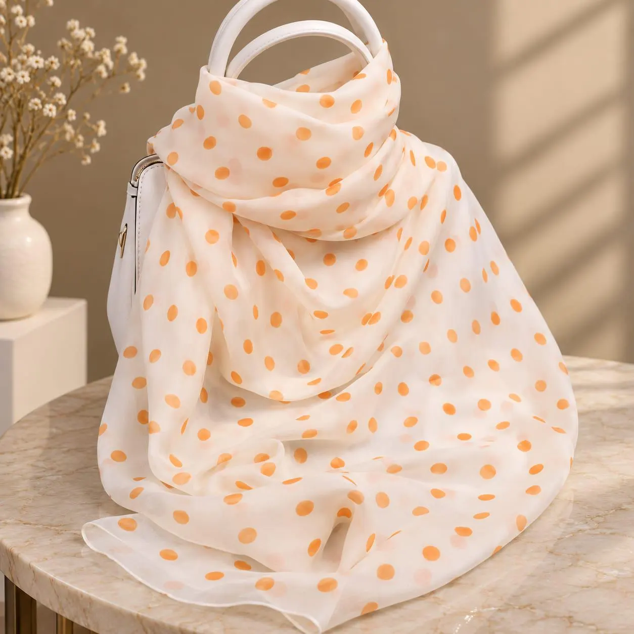 100% Pure Silk Scarf, Orange Polka Dot, Lightweight Sheer Wrap - image 5