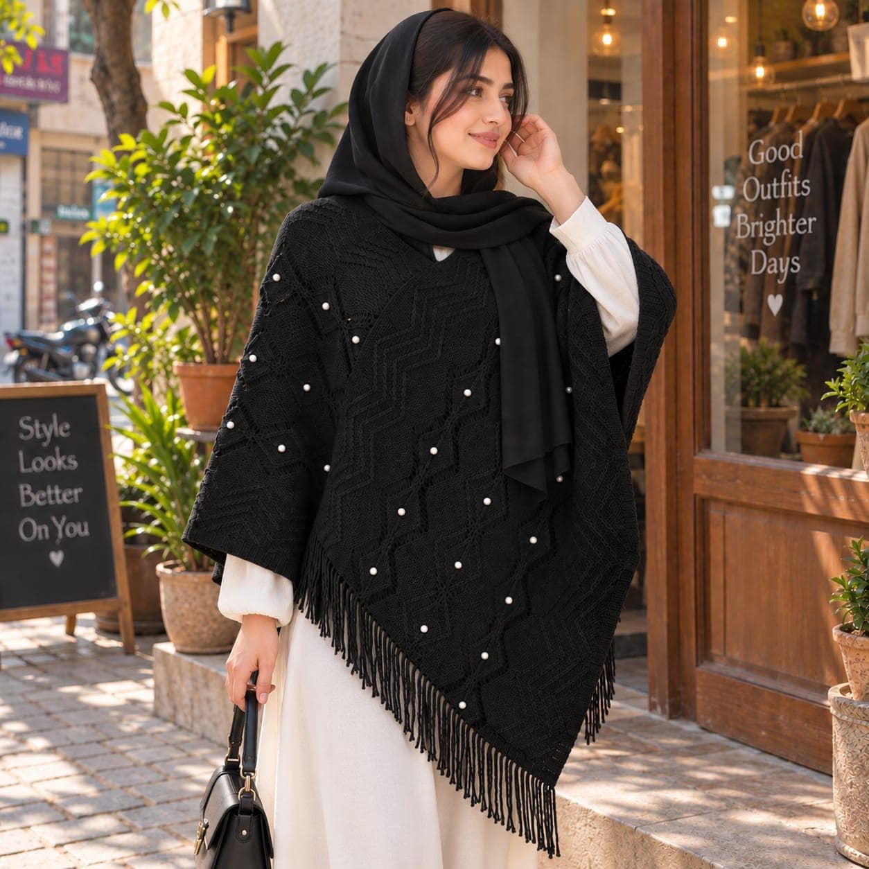 Knit Poncho for Women, Fringed Cape Sweater, Pearl Detail V Neck Wrap, Geometric Batwing Sleeve Autumn Winter - image 4