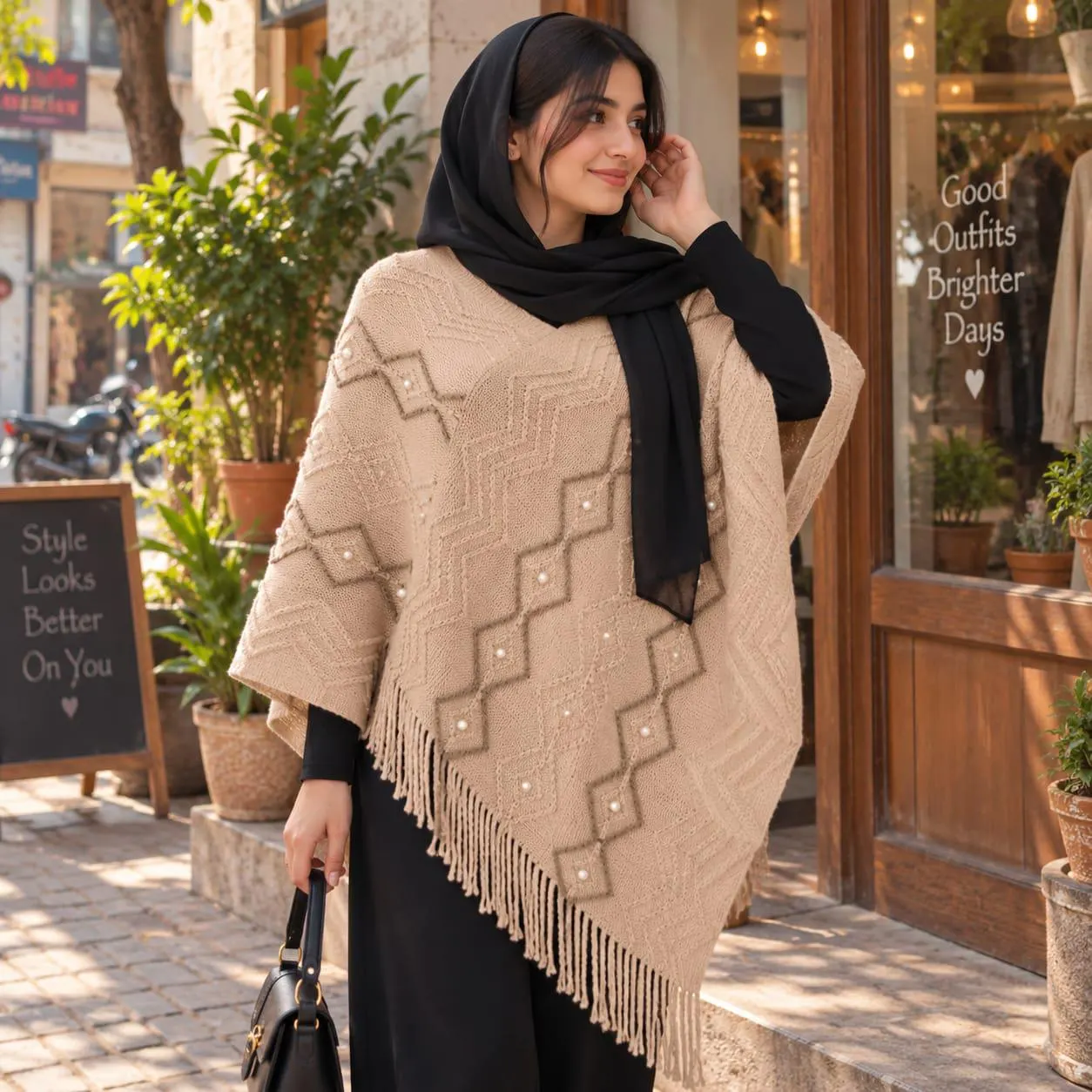 Knit Poncho for Women, Fringed Cape Sweater, Pearl Detail V Neck Wrap, Geometric Batwing Sleeve Autumn Winter - image 5