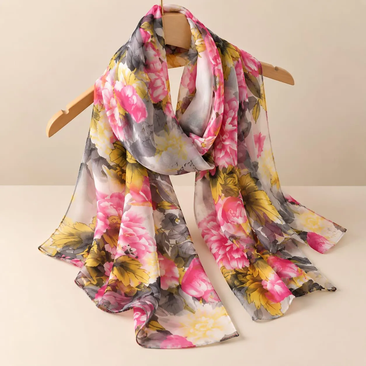 Floral Chiffon Scarf for Women, Lightweight Sheer Shawl, Long Flower Print Wrap, Soft Fashion Scarf, Four Season Scarf