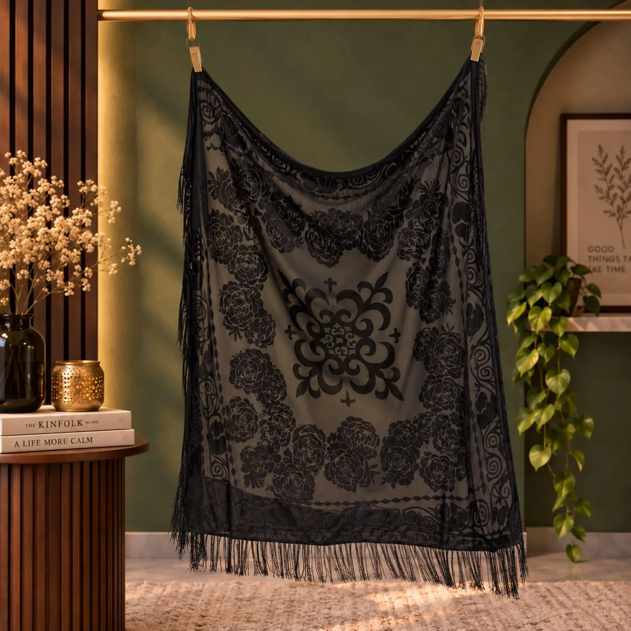 Retro Velvet Tassel Scarf for Women | Floral Embroidery Warm Shawl | Ethnic Fashion Scarf | Multiple Colors - image 3