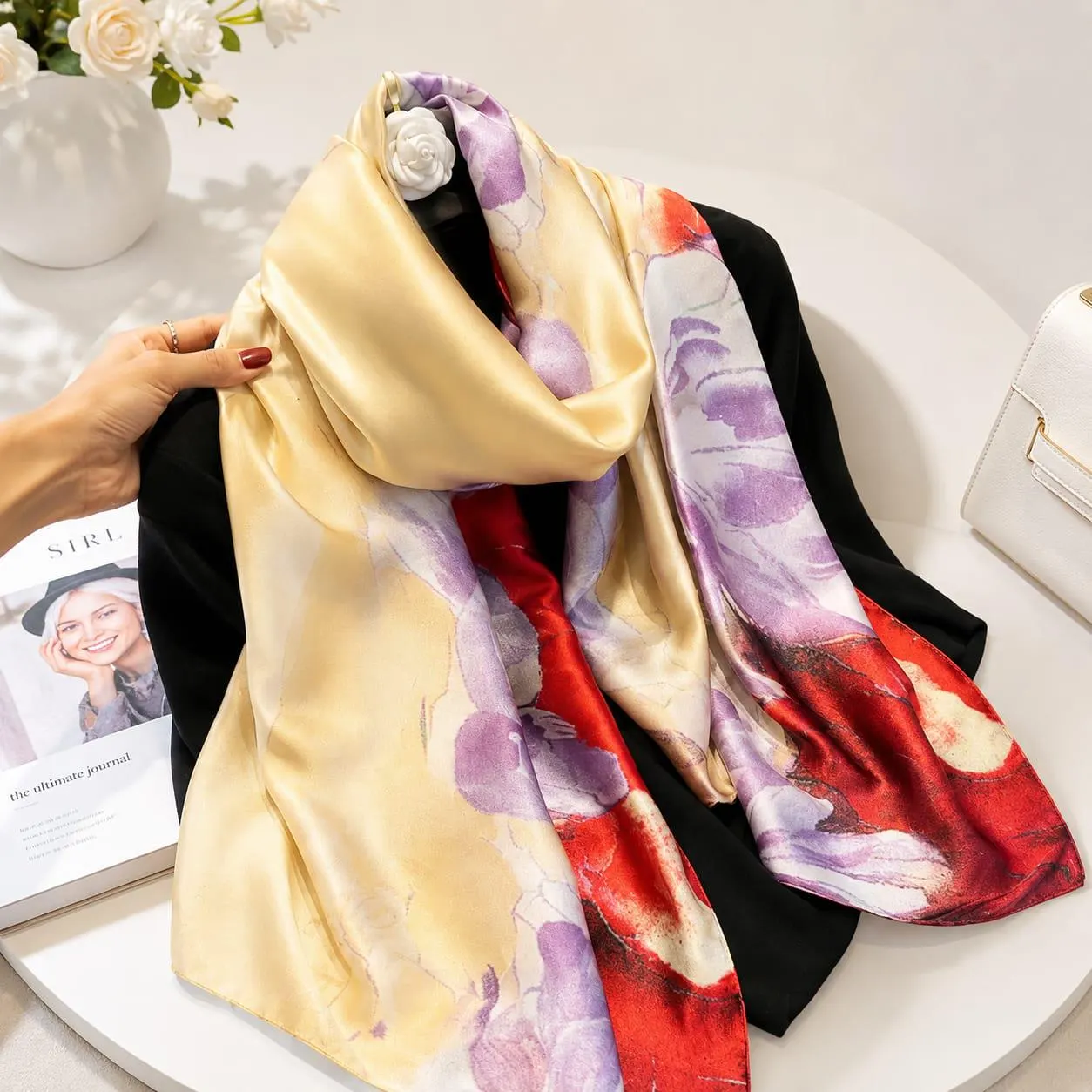 Women’s Satin Scarf, Elegant Floral Printed Scarf, Lightweight Fashion Wrap, Silk-Look Shawl - image 5