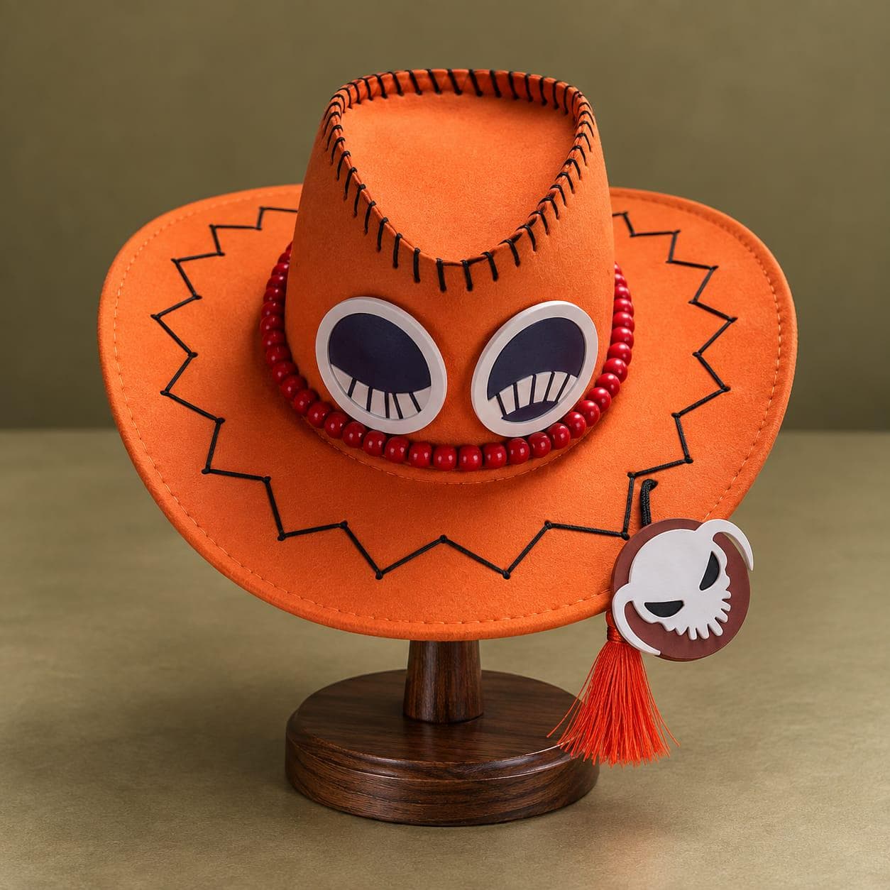 Orange Anime Cowboy Hat, Halloween Cosplay Costume Accessory, Skull Charm Tassel
